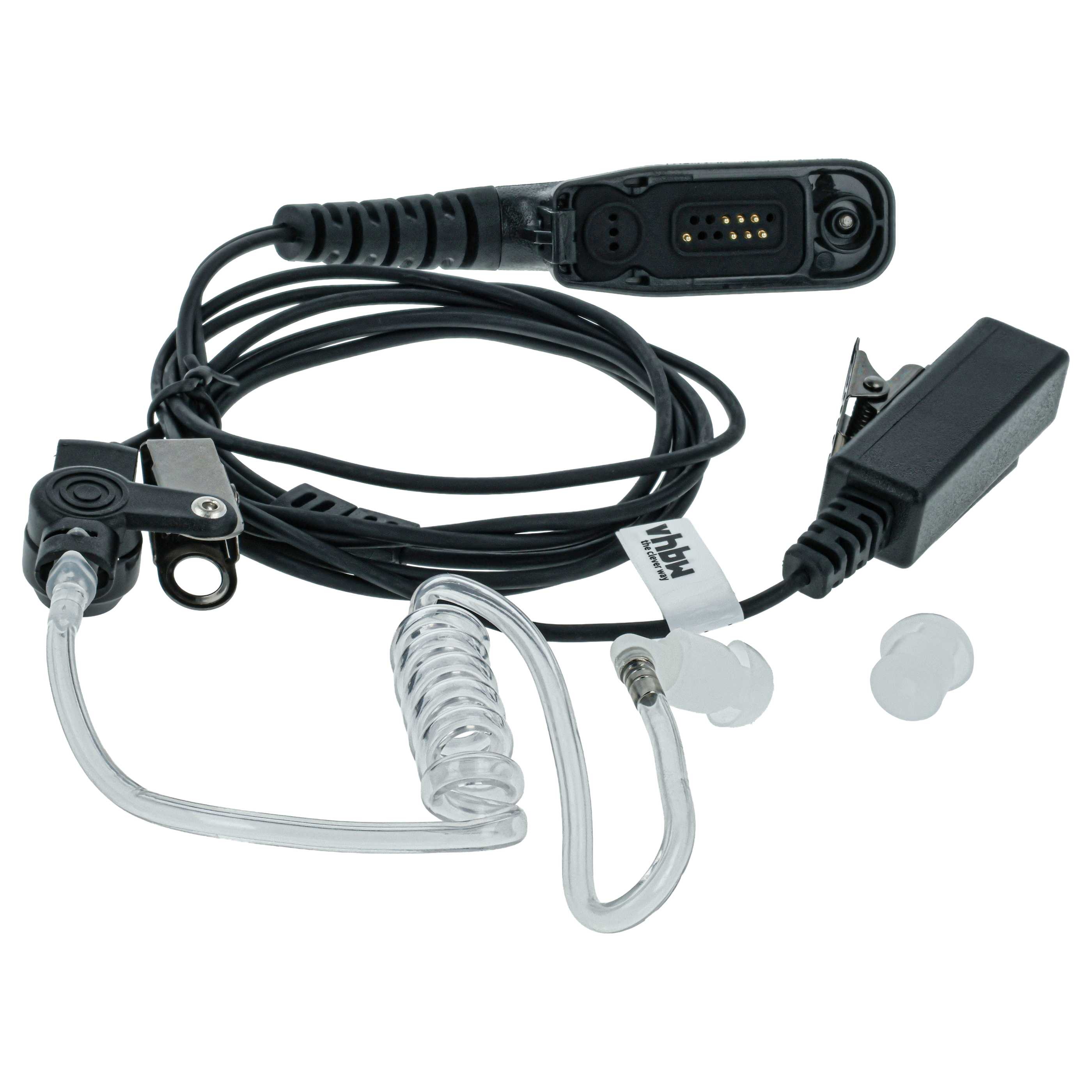 Ein schwarzes Headset mit transparentem Schlauch und Ohrstöpseln.