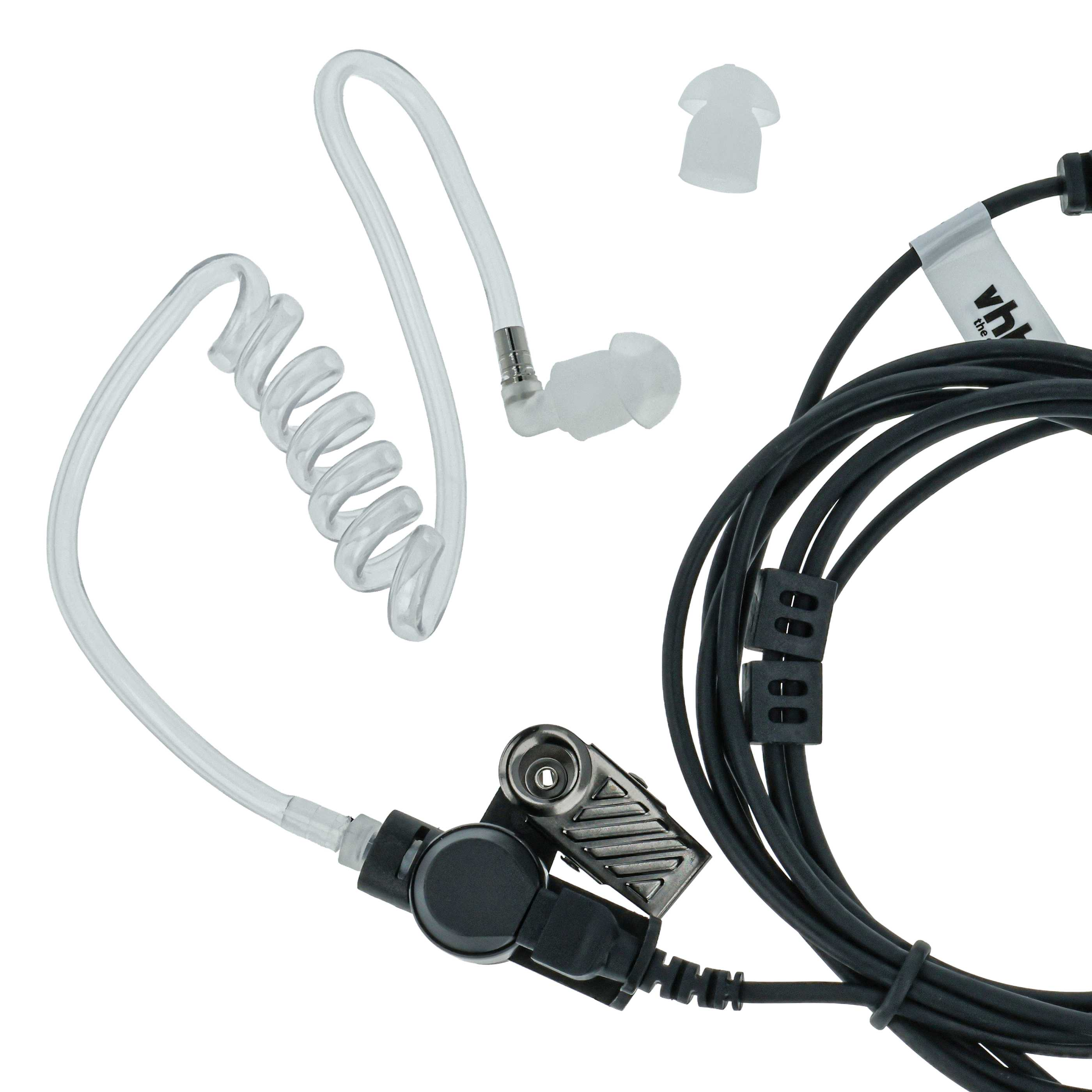 Ein durchsichtiges Spiralschlauch-Ohrstück mit schwarzem Kabel und Klemme.