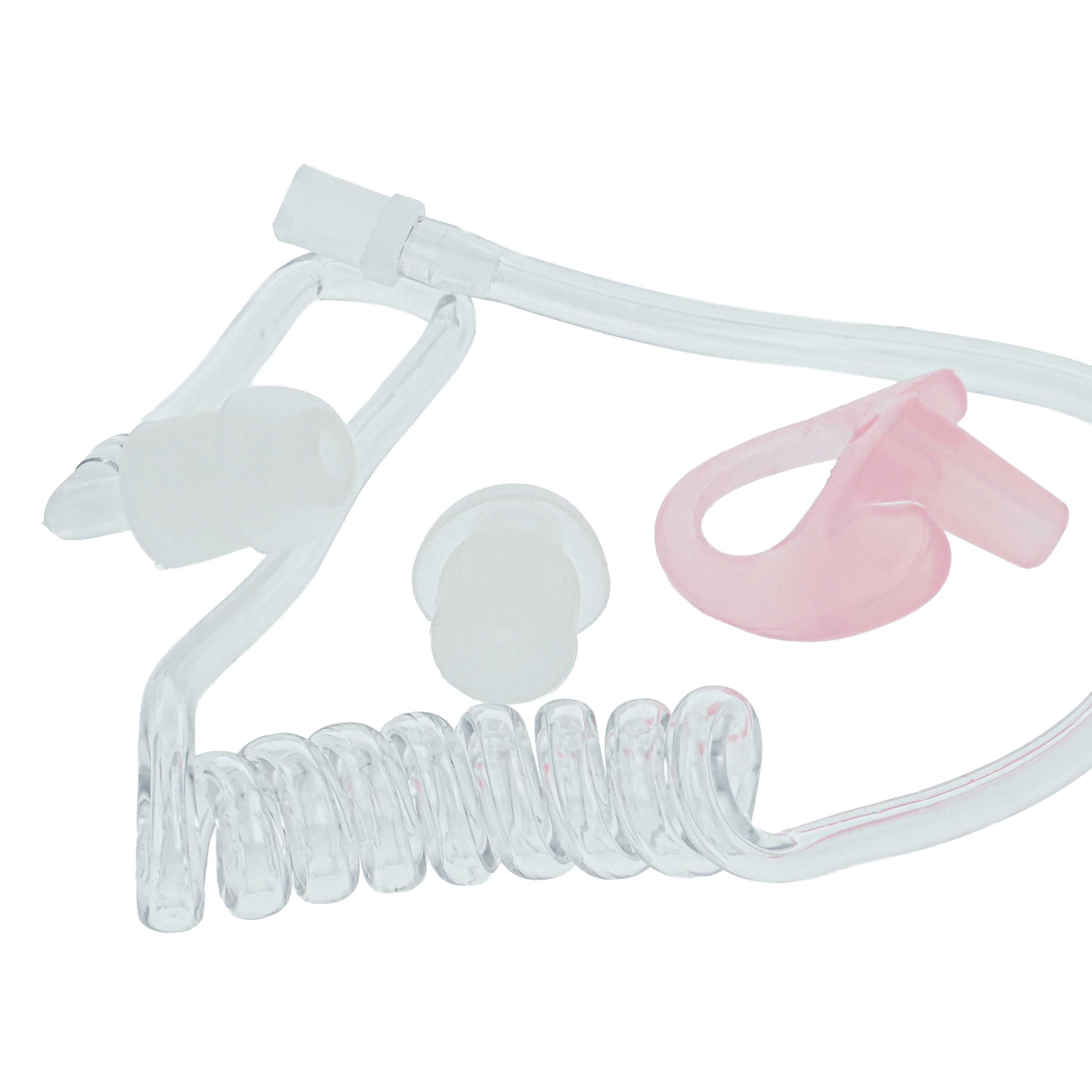Transparente Ohrhörer mit weißem und rosa Aufsatz, spiralförmigem Schlauch.