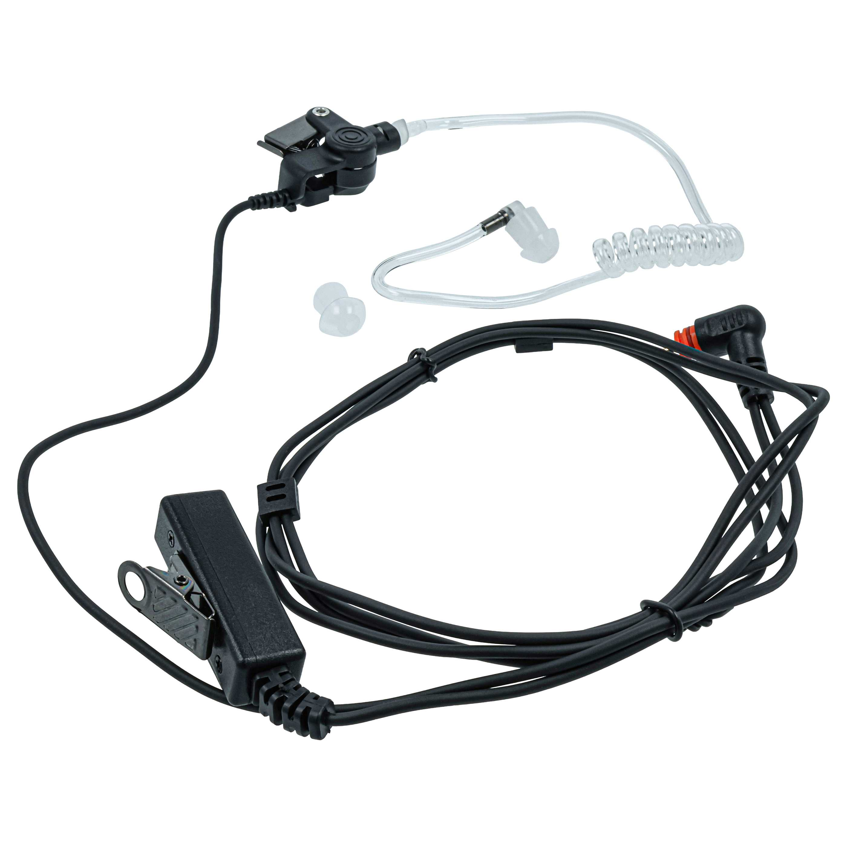 Ein schwarzes Headset mit durchsichtigen Ohrstöpseln und einem Clip.