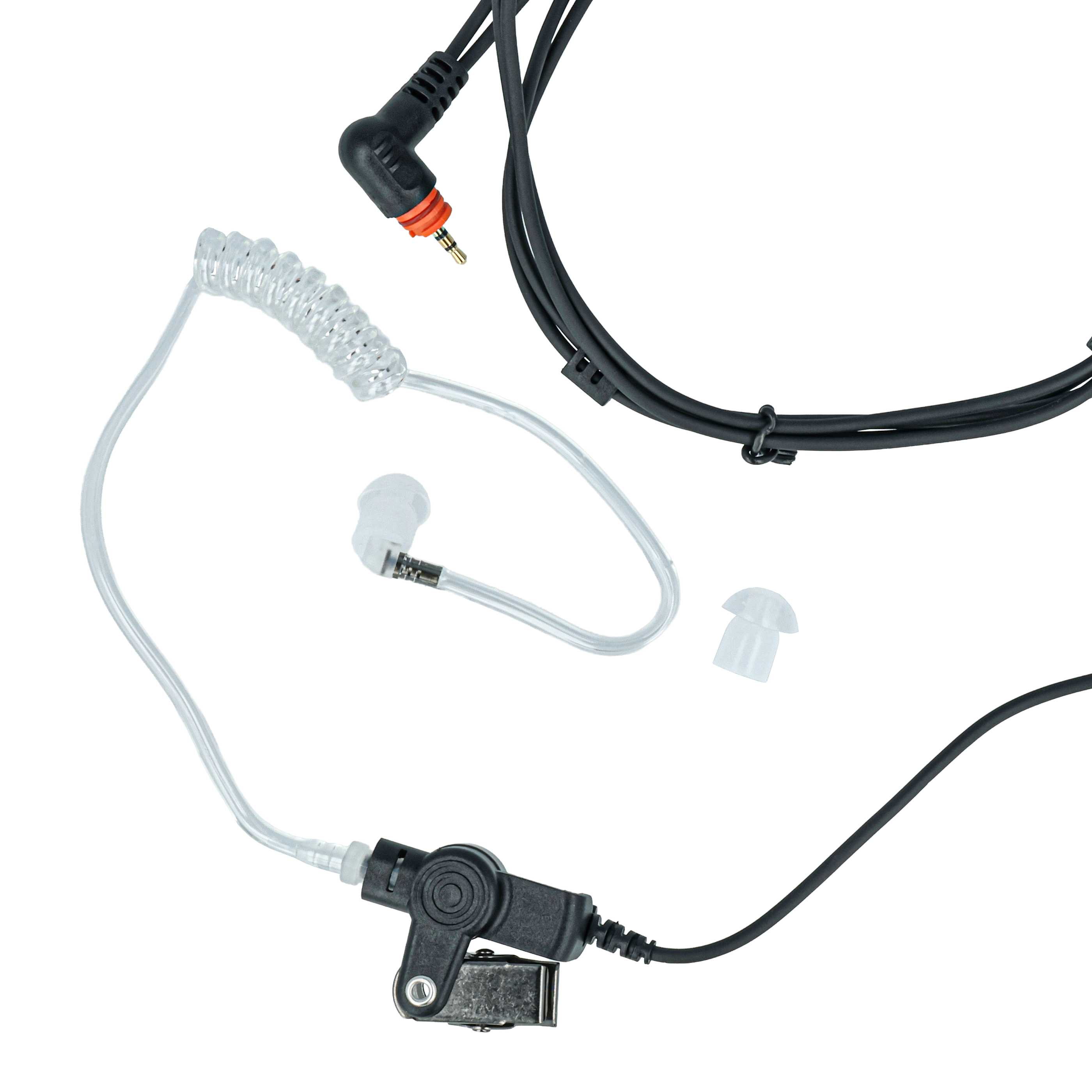 Ein durchsichtiges Spiralkabel-Headset mit schwarzem Kabel und Klinkenstecker.