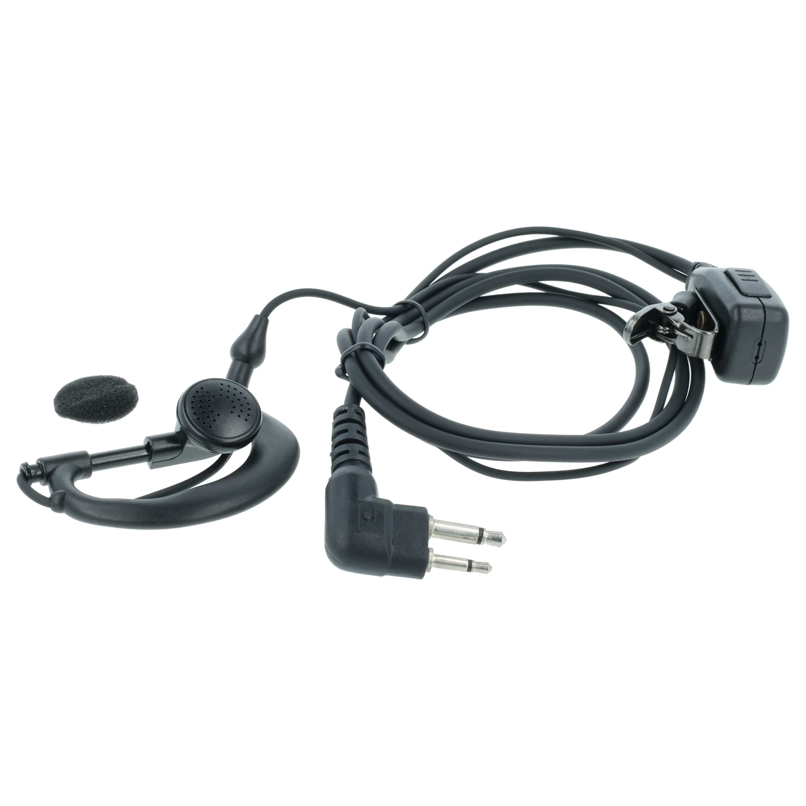 Ein schwarzes Headset mit Ohrbügel, Mikrofon und zwei Steckern.