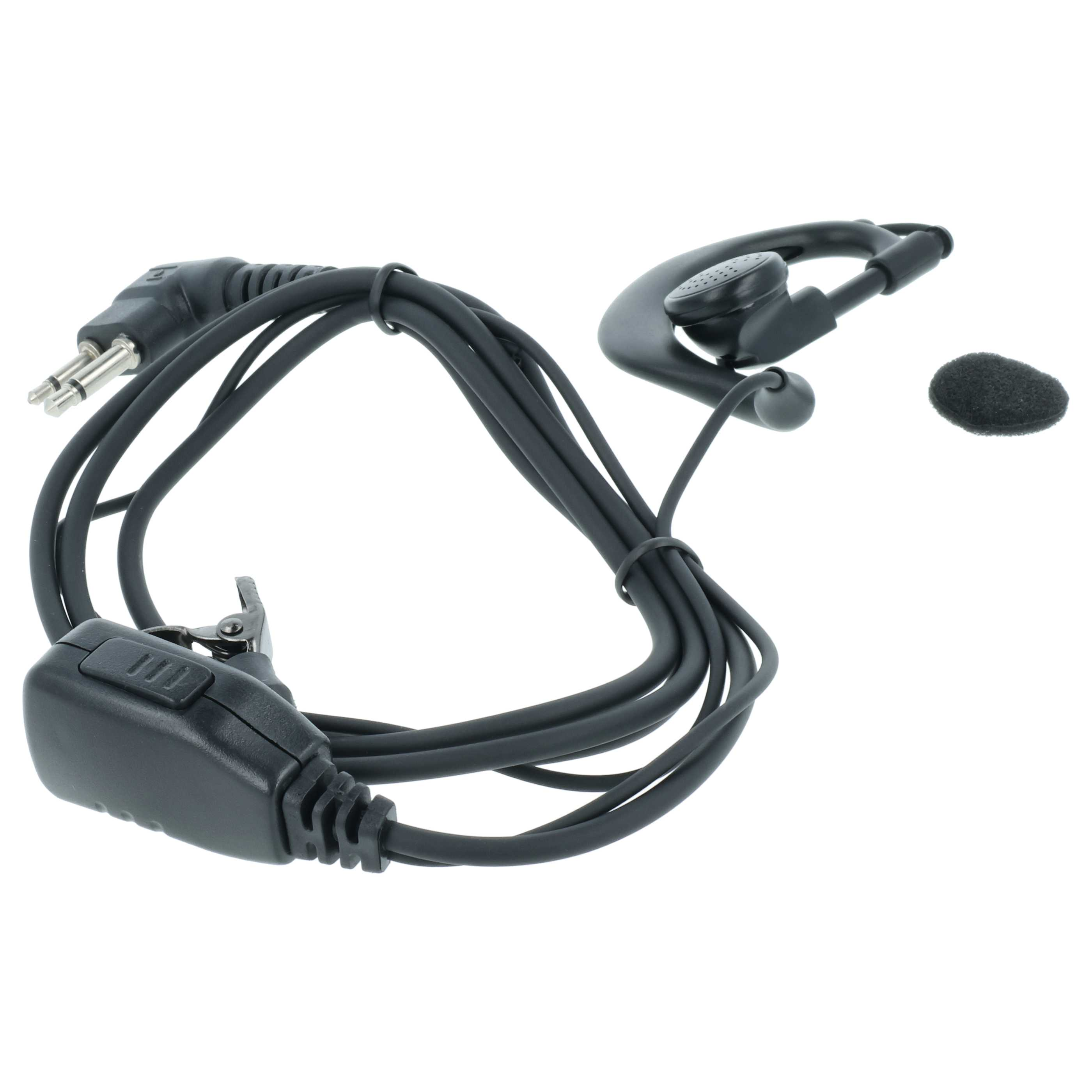 Schwarzes Headset mit Ohrbügel, Mikrofon und Klinkenstecker.