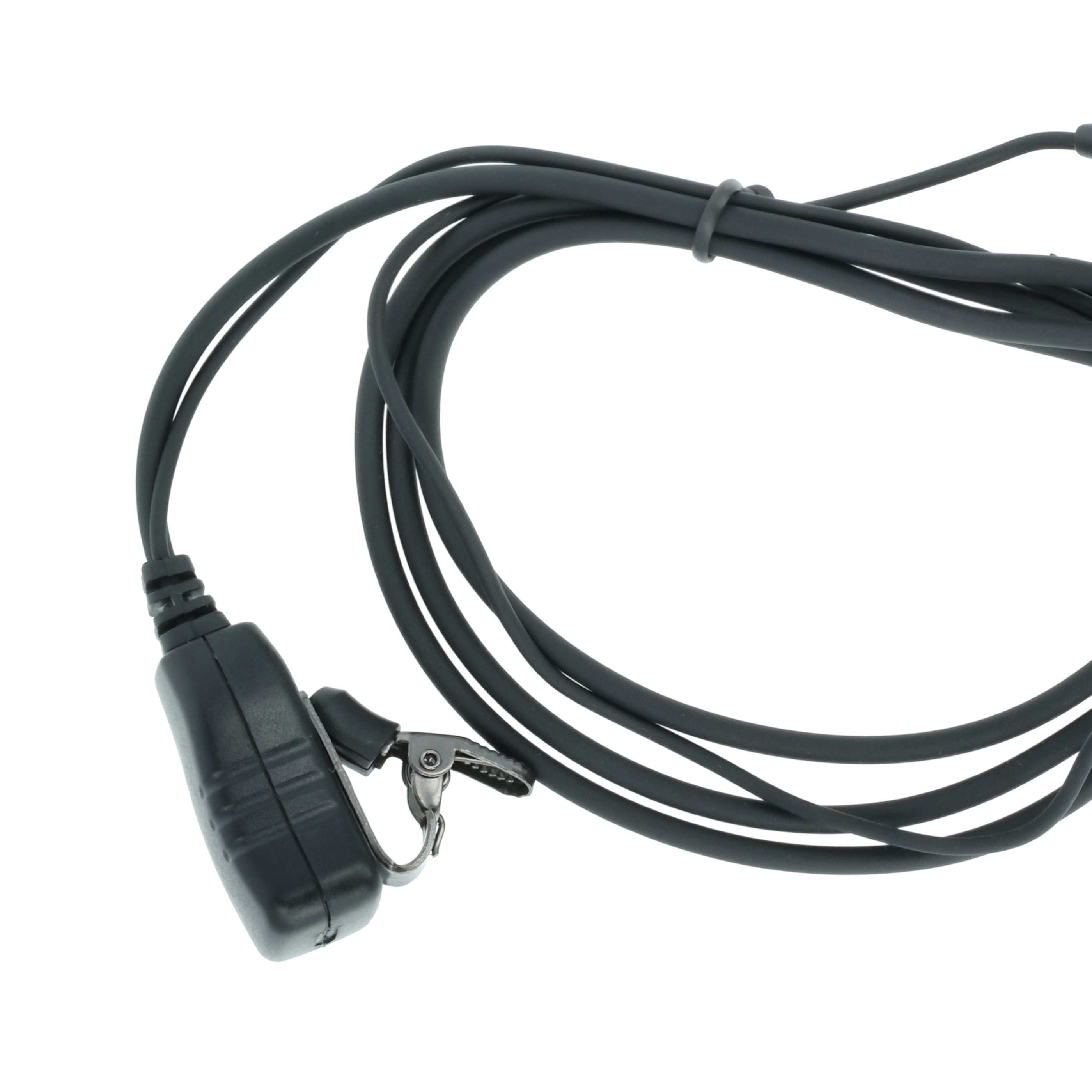 Ein schwarzes Kabel mit einem Clip und einem Stecker auf weißem Hintergrund.
