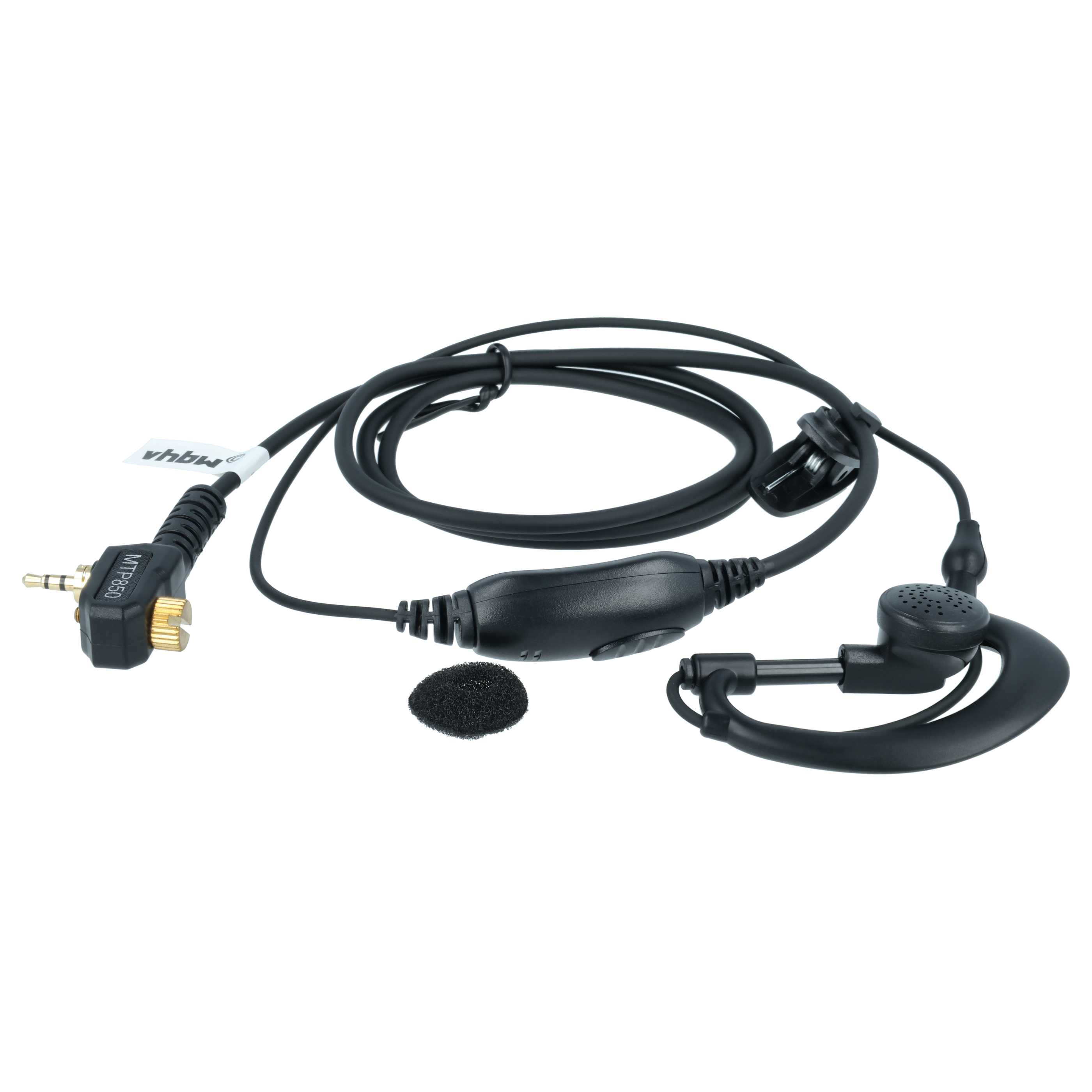 Schwarzes Headset mit Ohrbügel, Mikrofon und Klinkenstecker.