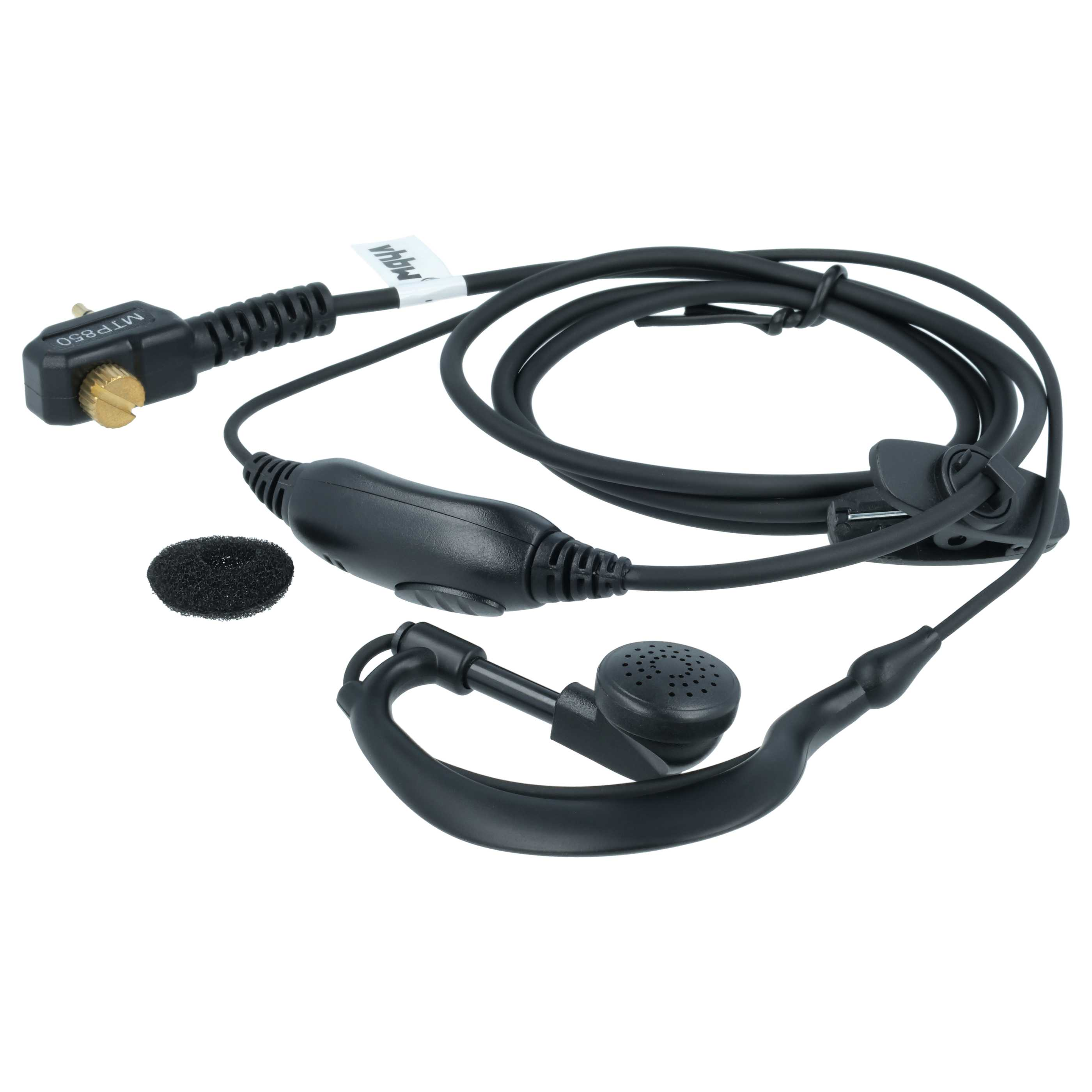 Ein schwarzes Headset mit Ohrbügel und Mikrofon, Kabel und Stecker.