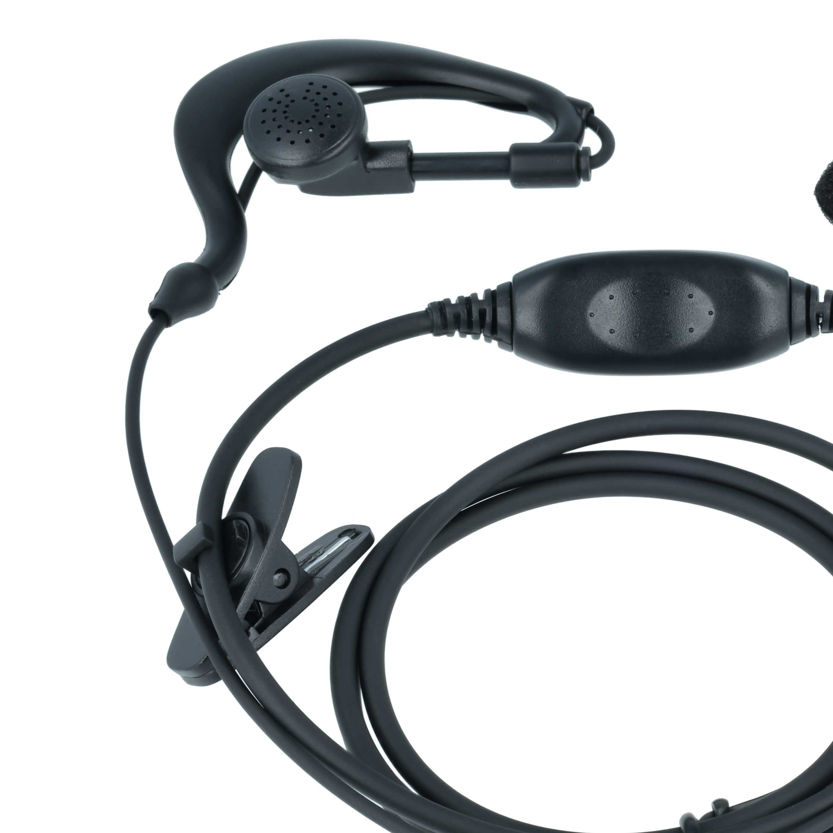 Ein schwarzes Headset mit Ohrbügel, Mikrofon und Kabelklemme.