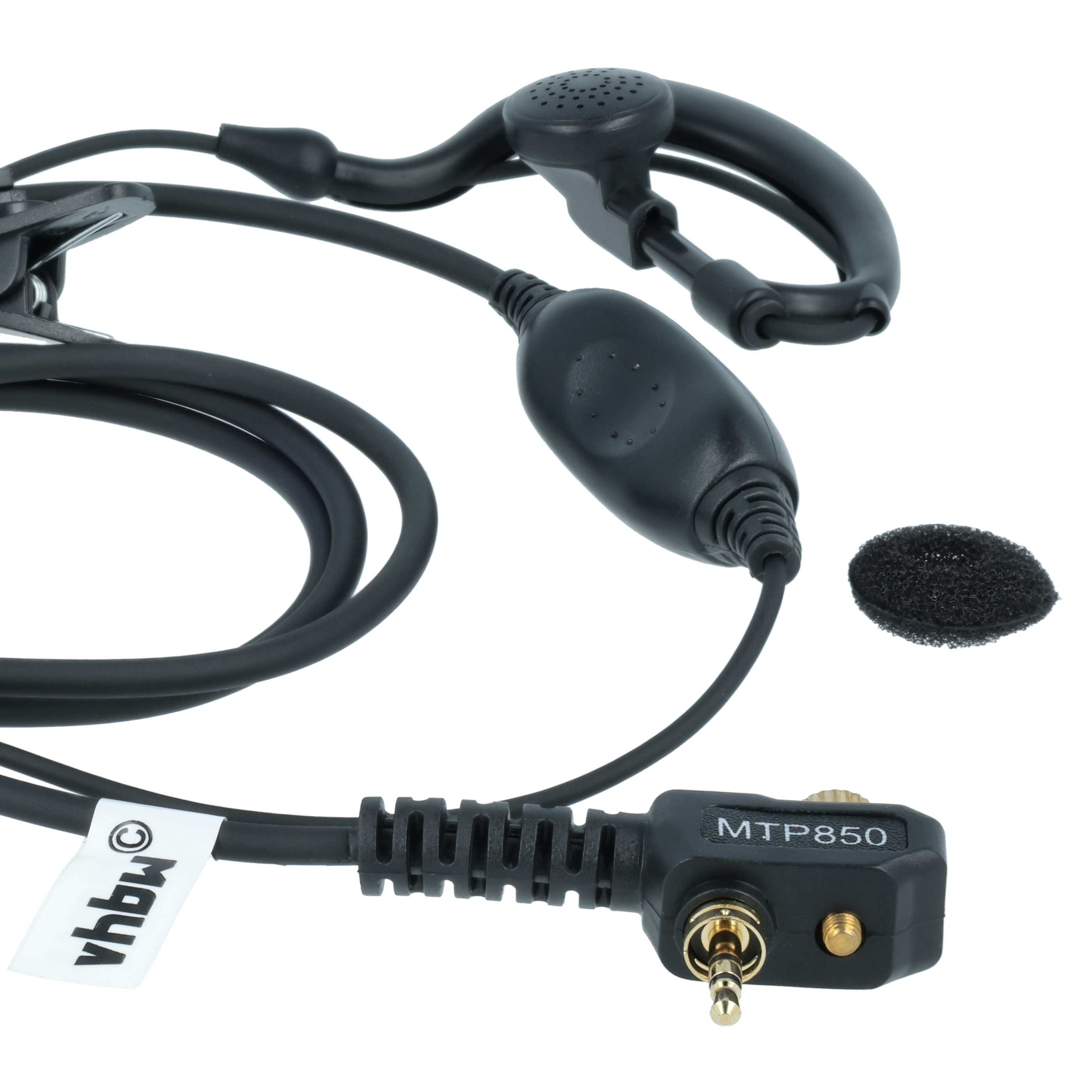 Schwarzes Headset mit Ohrbügel, Mikrofon und MTP850-Anschluss.