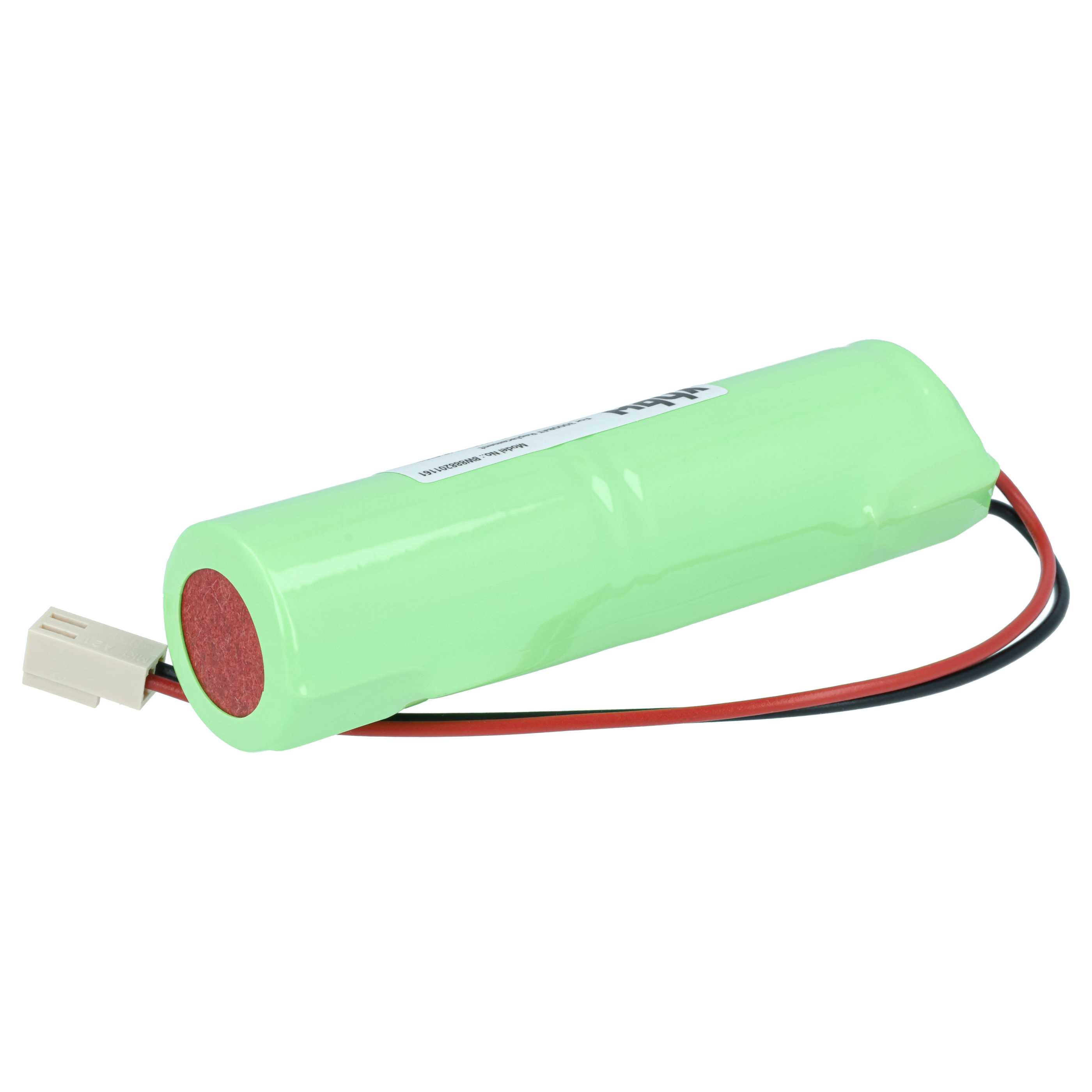 Ein grüner Akku mit roten und schwarzen Kabeln sowie einem weißen Stecker.