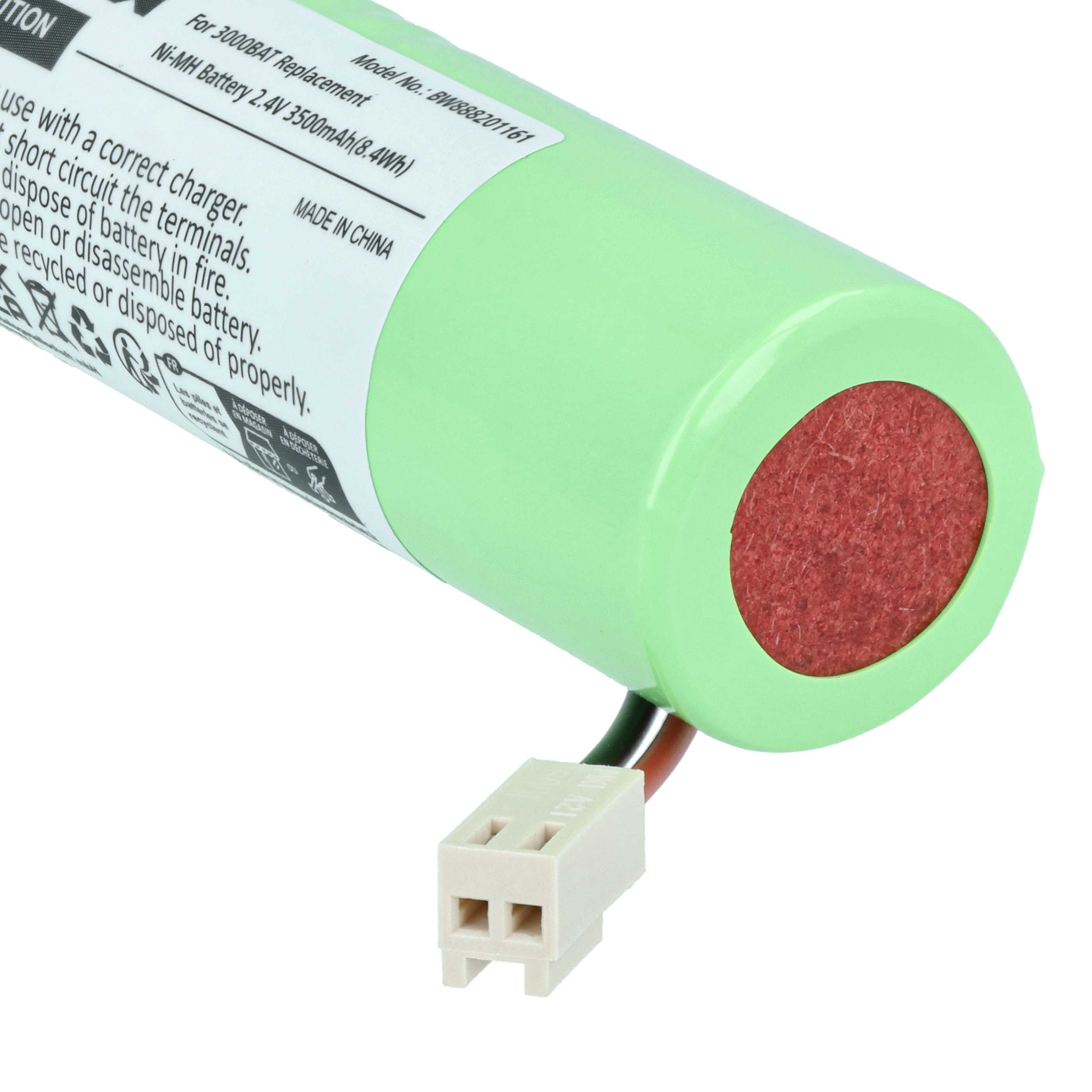 NiMH-Akku 2,4V 3500mAh mit Anschlusskabel und Warnhinweisen.