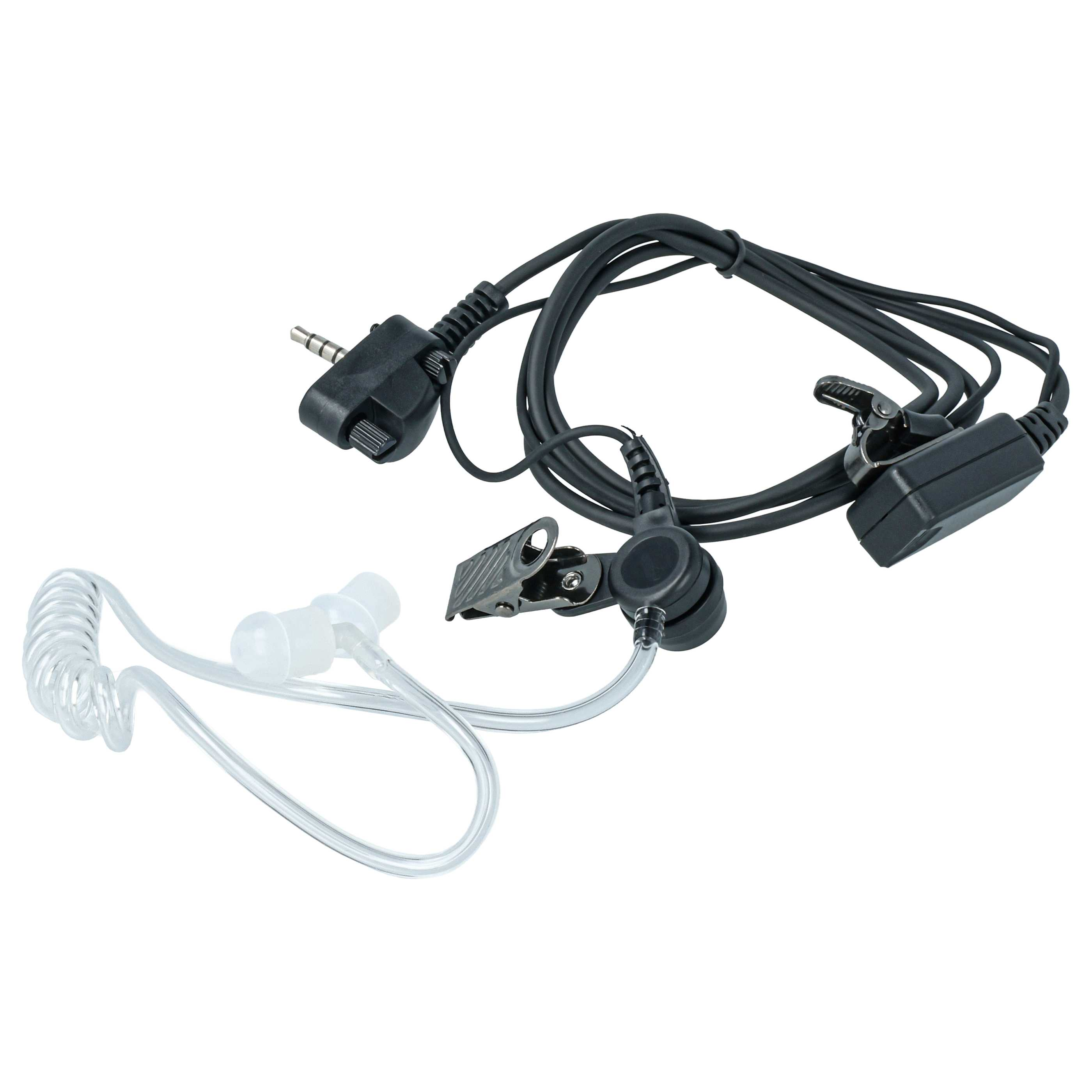 Ein schwarzes Headset mit transparentem Schlauch und Ohrstöpsel.
