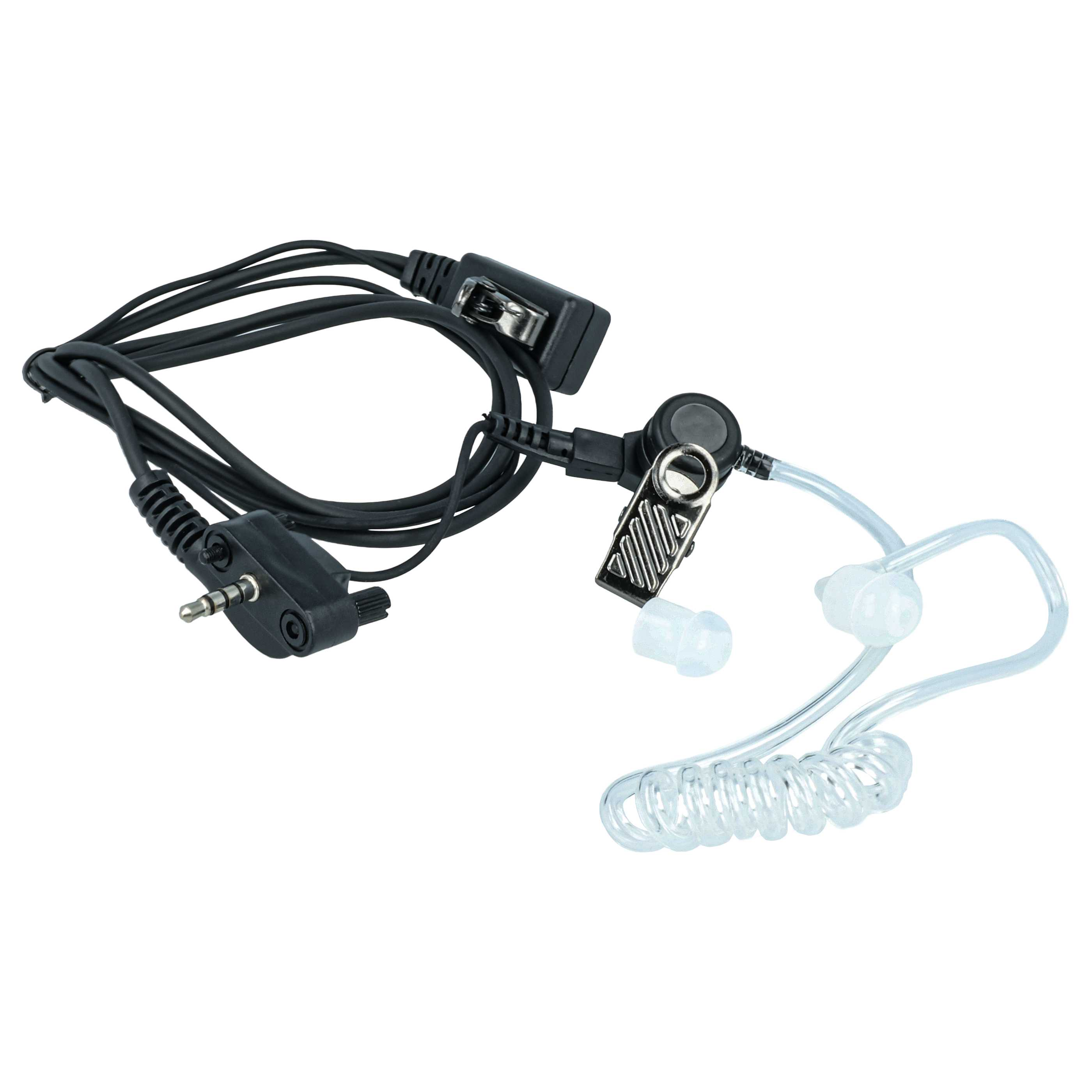 Ein schwarzes Headset mit Ohrstöpseln und einem Mikrofon, auf weißem Hintergrund.
