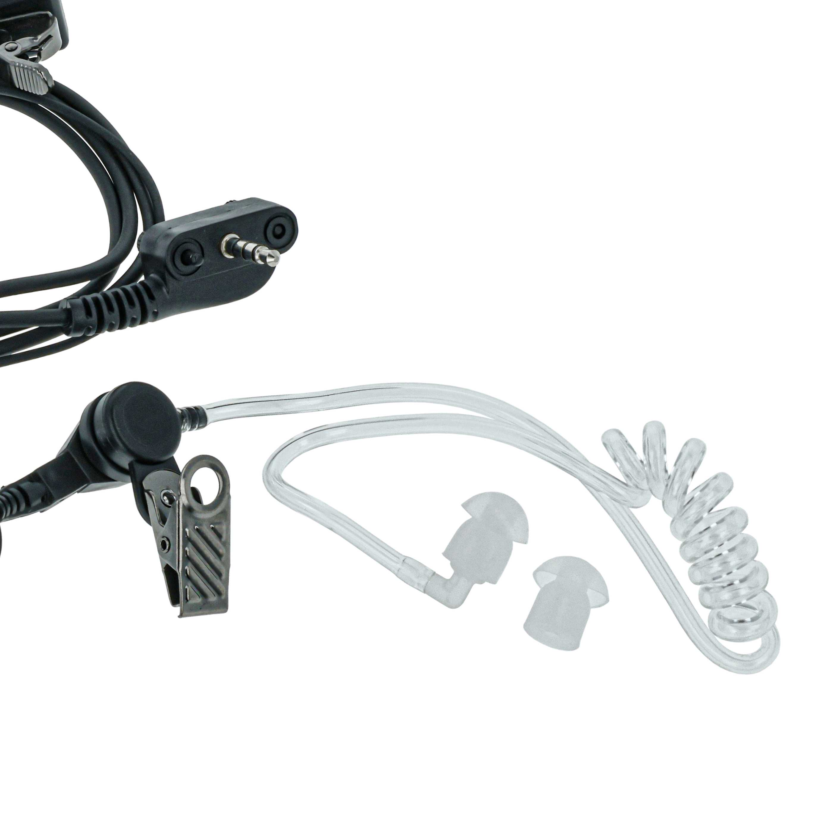 Schwarz-graues Headset mit Ohrhörer und Mikrofon, Klippbefestigung und Spiralkabel.