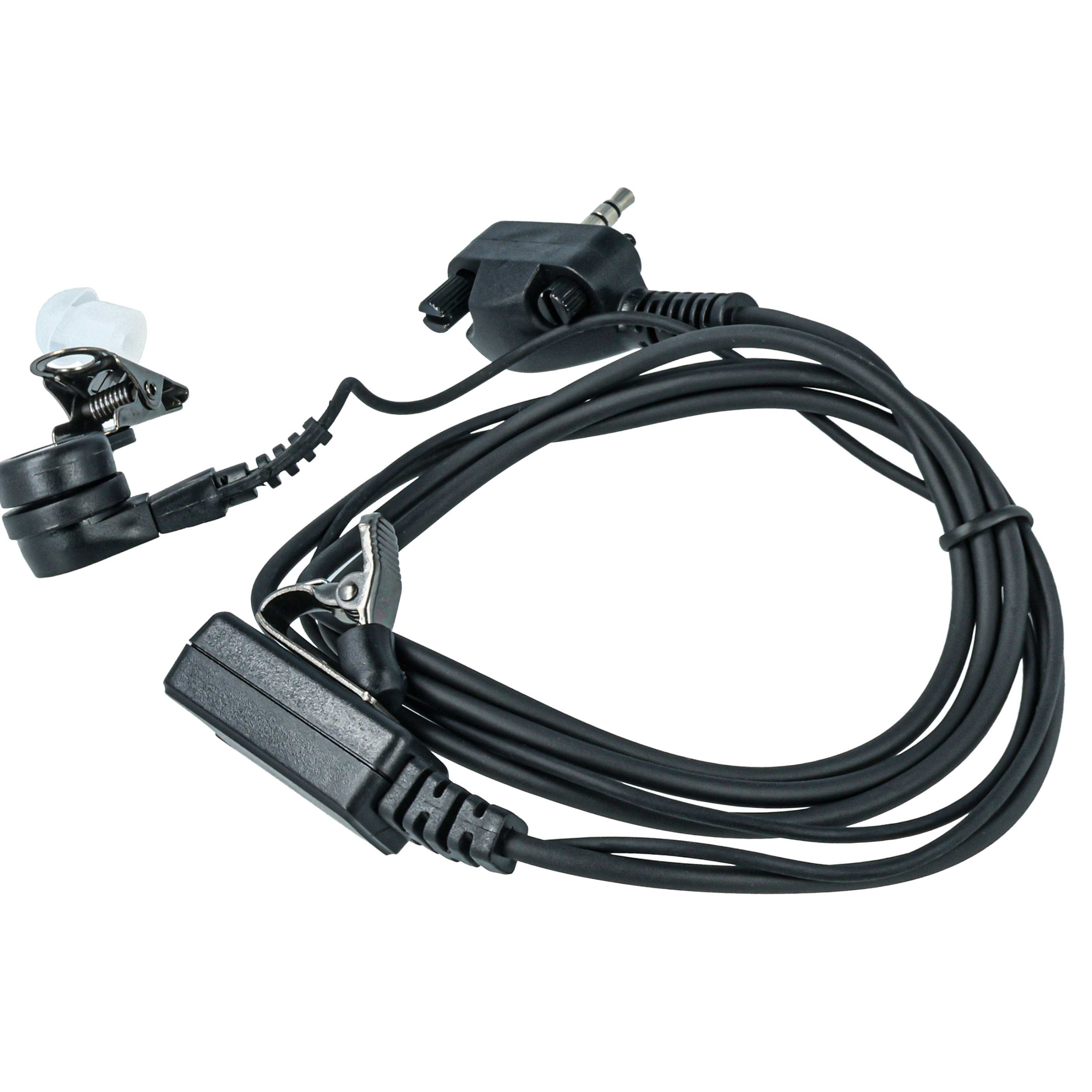 Ein schwarzes Headset mit Ohrstöpsel, Klemme und Klinkenstecker.