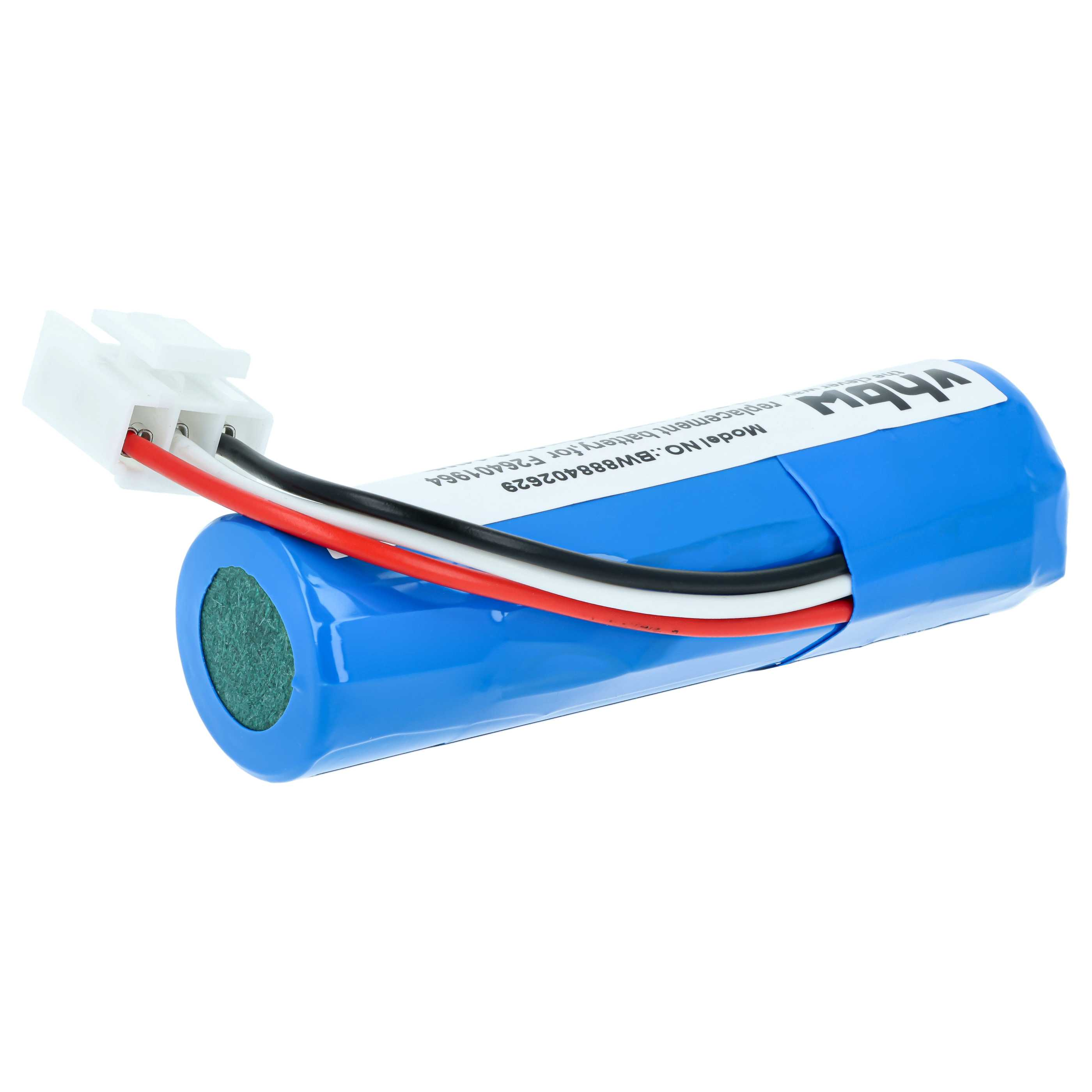 Eine blaue zylindrische Batterie mit roten, weißen und schwarzen Kabeln und einem weißen Stecker.