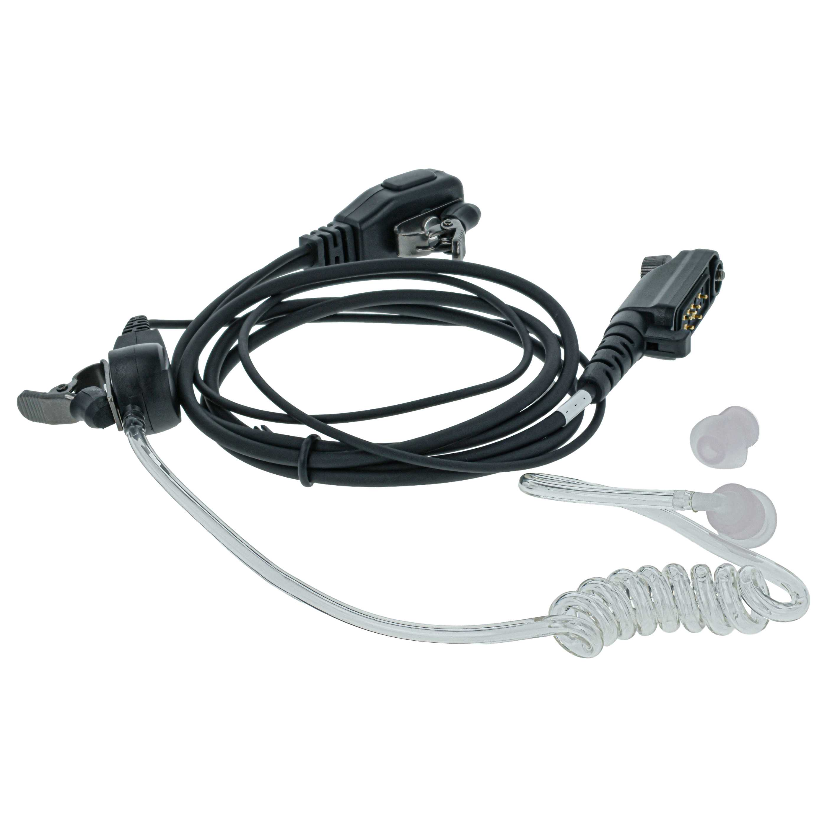 Schwarz und transparentes Headset mit Clip und Ohrstücken.
