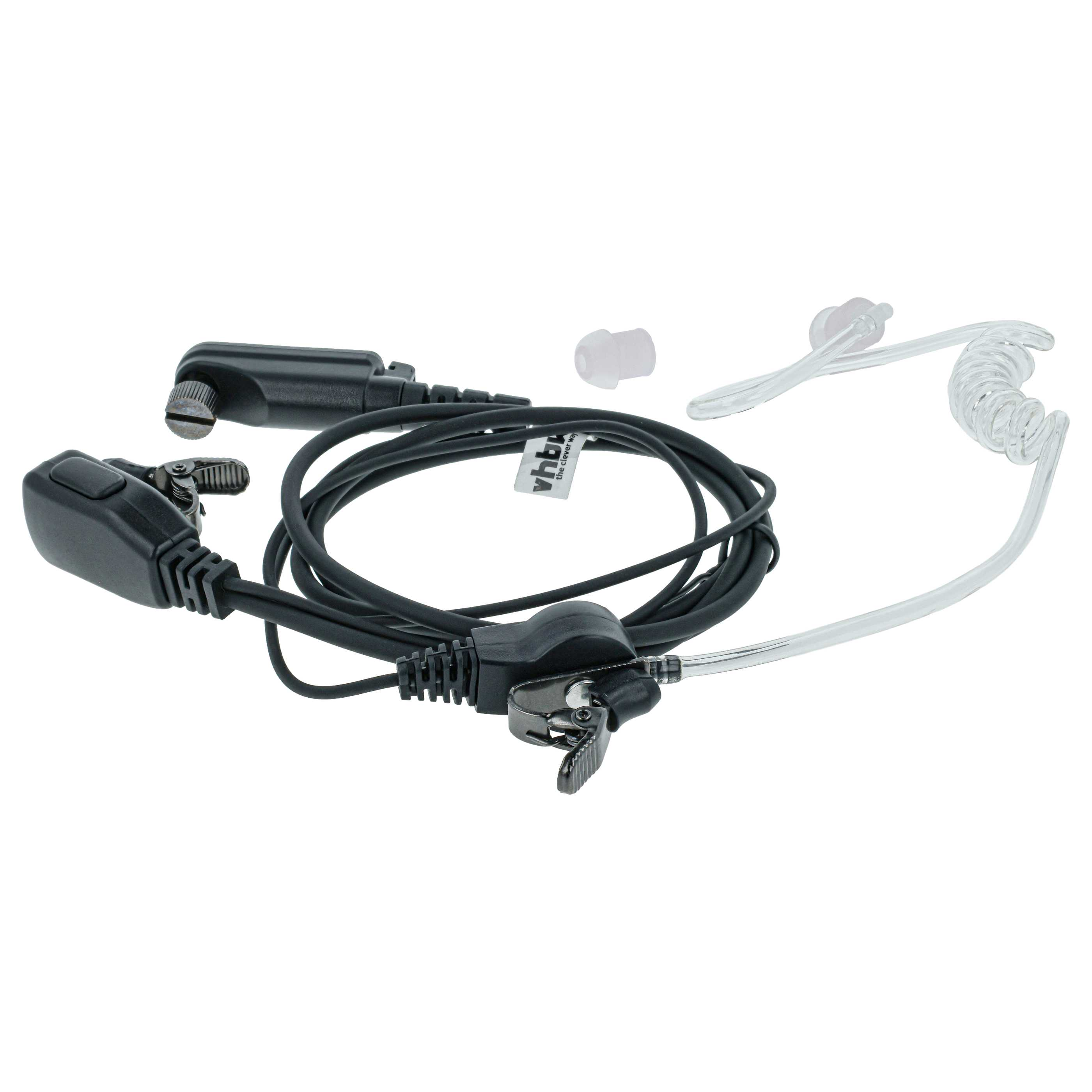 Schwarzes Headset-Kabel mit Mikrofon, Ohrhörer und Clip.