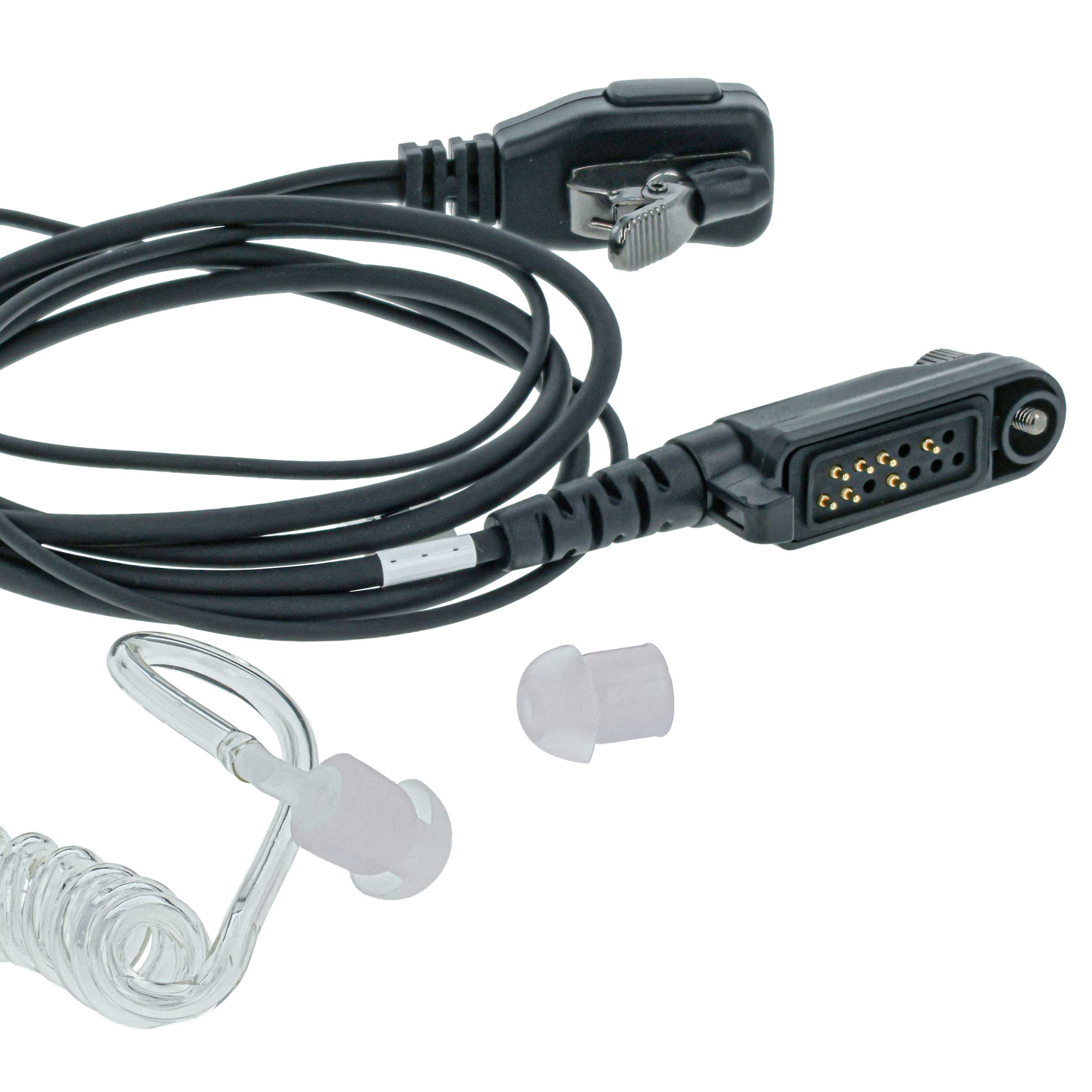 Schwarzes Kabel mit 2 Steckern, einem Ohrhörer und einem Mikrofonclip.