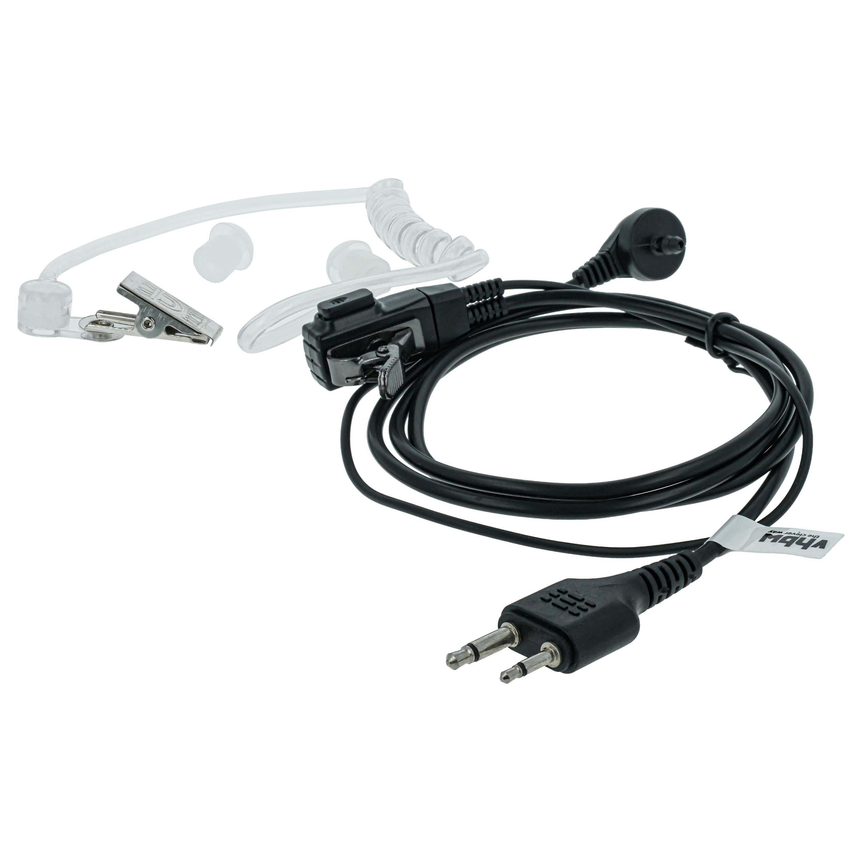 Ein schwarzes Headset mit Ohrhörer, Mikrofon und zwei Steckern auf weißem Hintergrund.