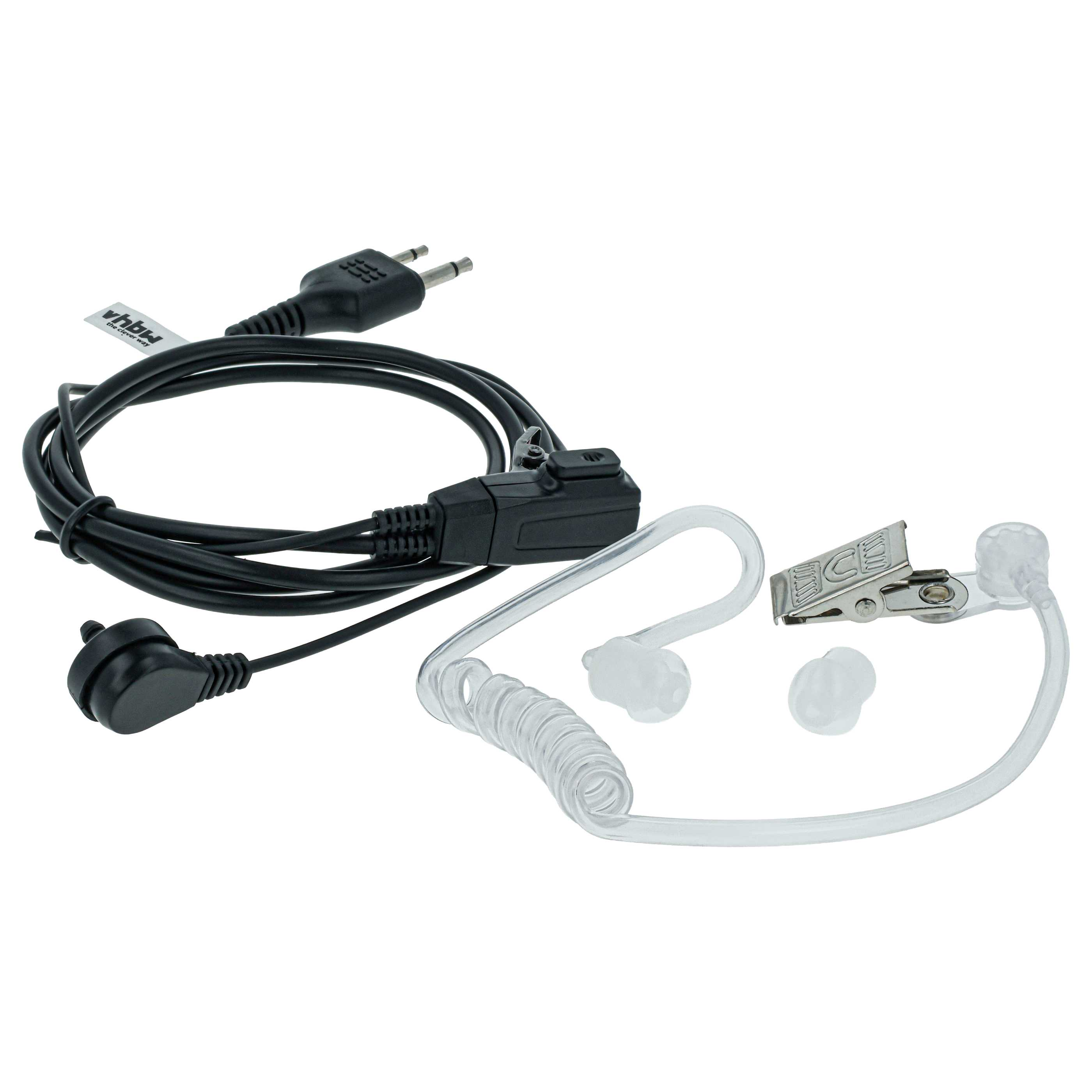 Schwarzes Headset mit transparentem Schlauch, Ohrstöpsel und Ansteckclip.