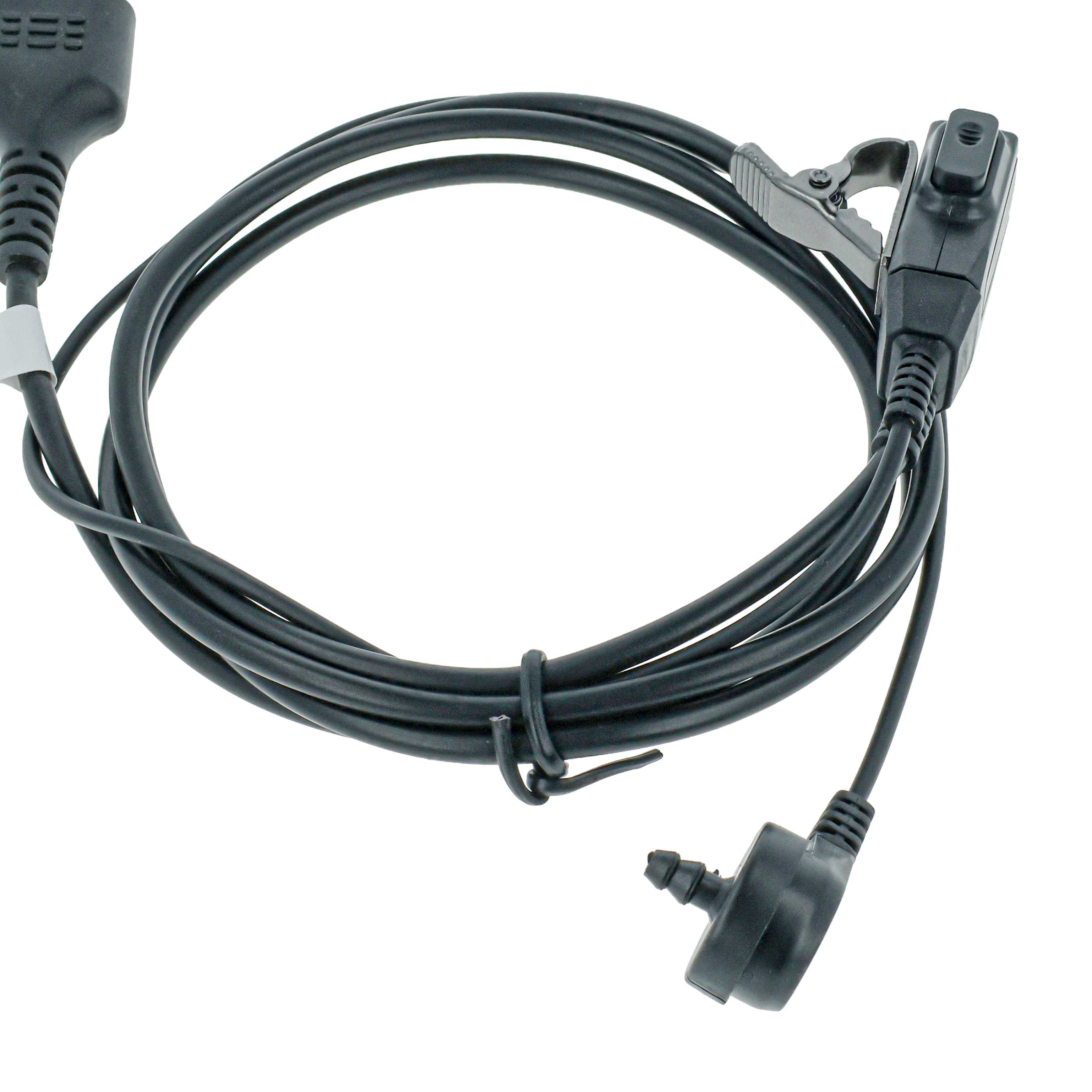 Schwarzes Kabel mit Klemme und zwei Steckern auf weißem Hintergrund.