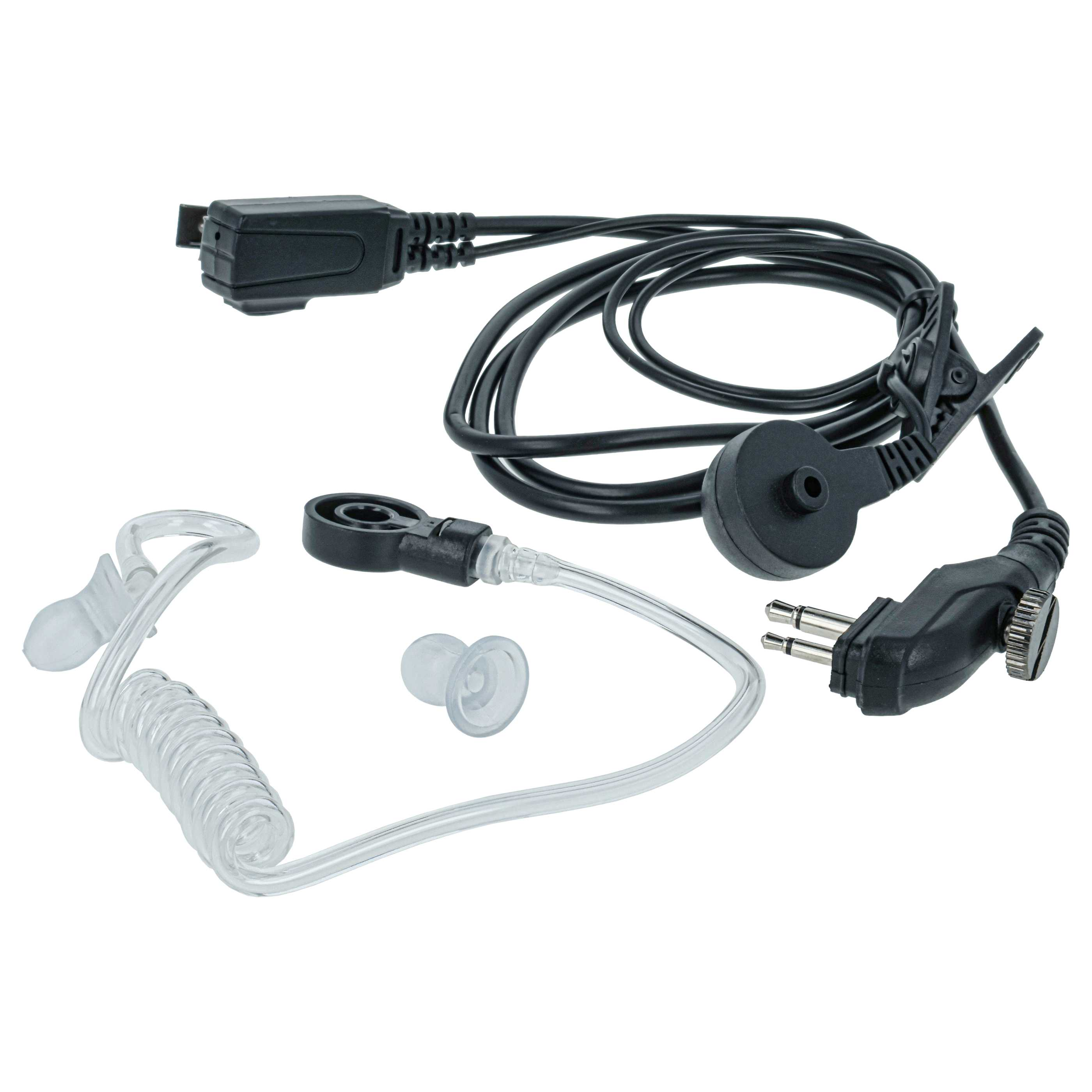 Schwarz-graues Headset mit transparentem Schlauch und Ohrstöpsel.