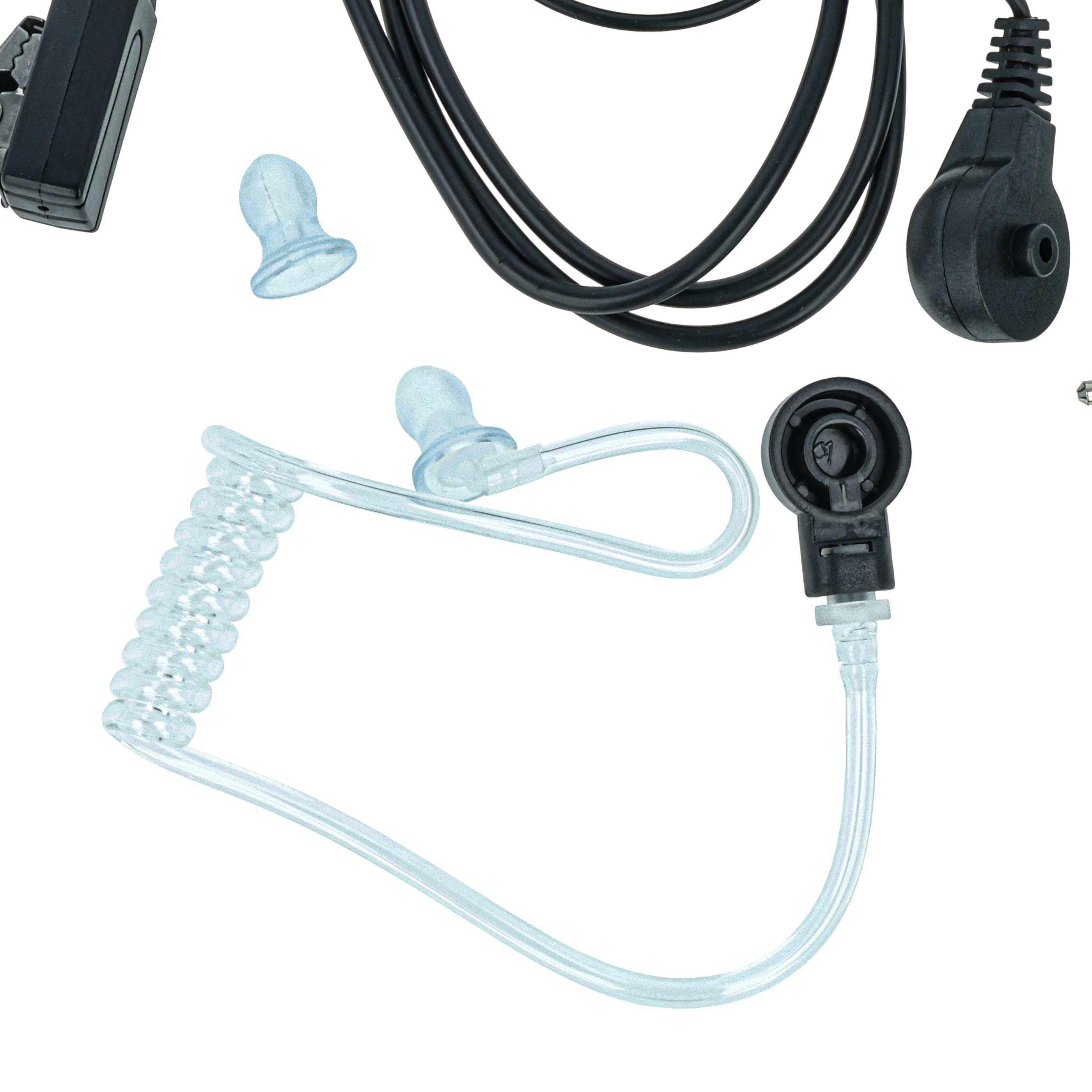 Schwarzes Kabel mit Ohrhörer und Clip.