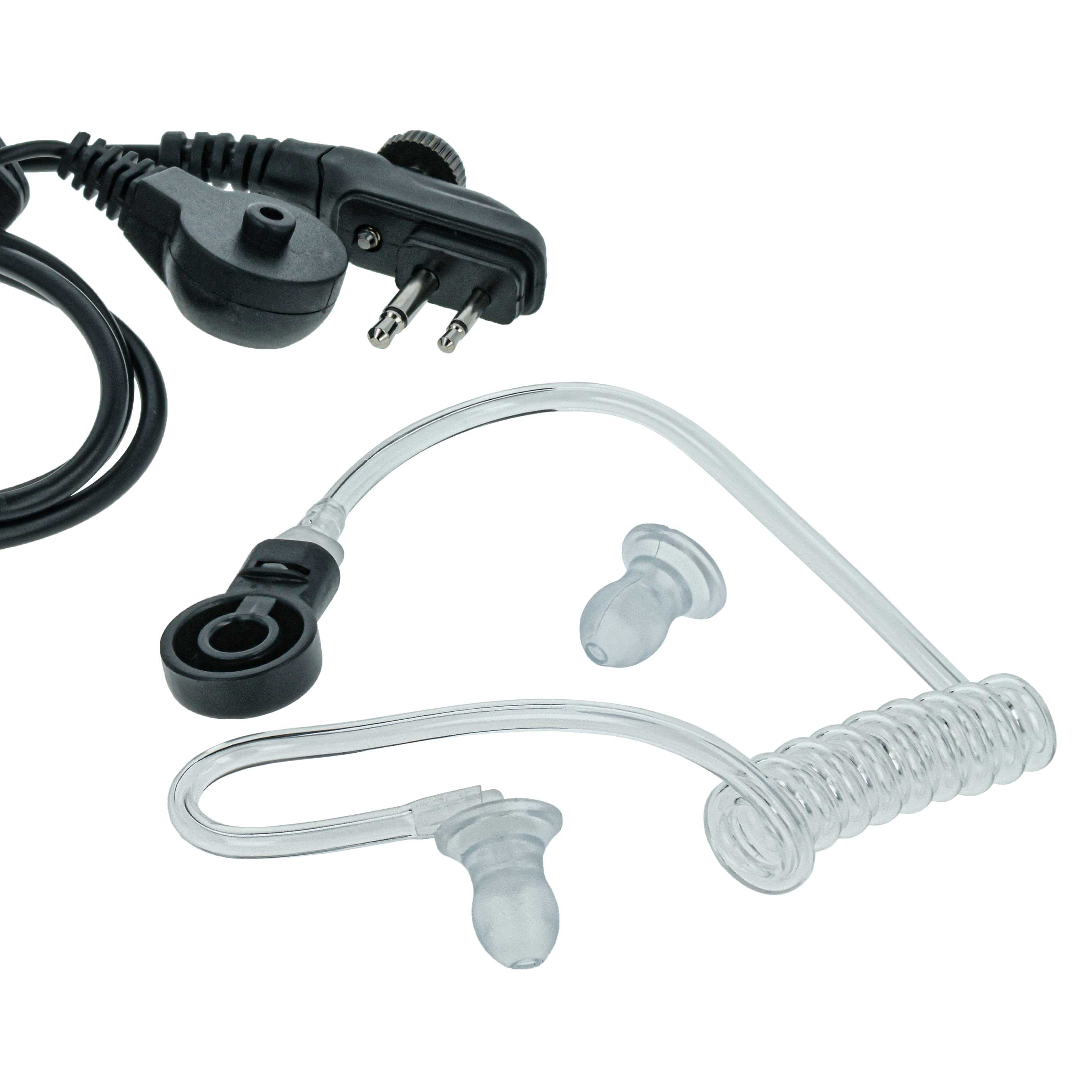 Schwarzes Kommunikationskabel mit 2-Pin-Anschluss und durchsichtigem Schlauch-Ohrhörer.
