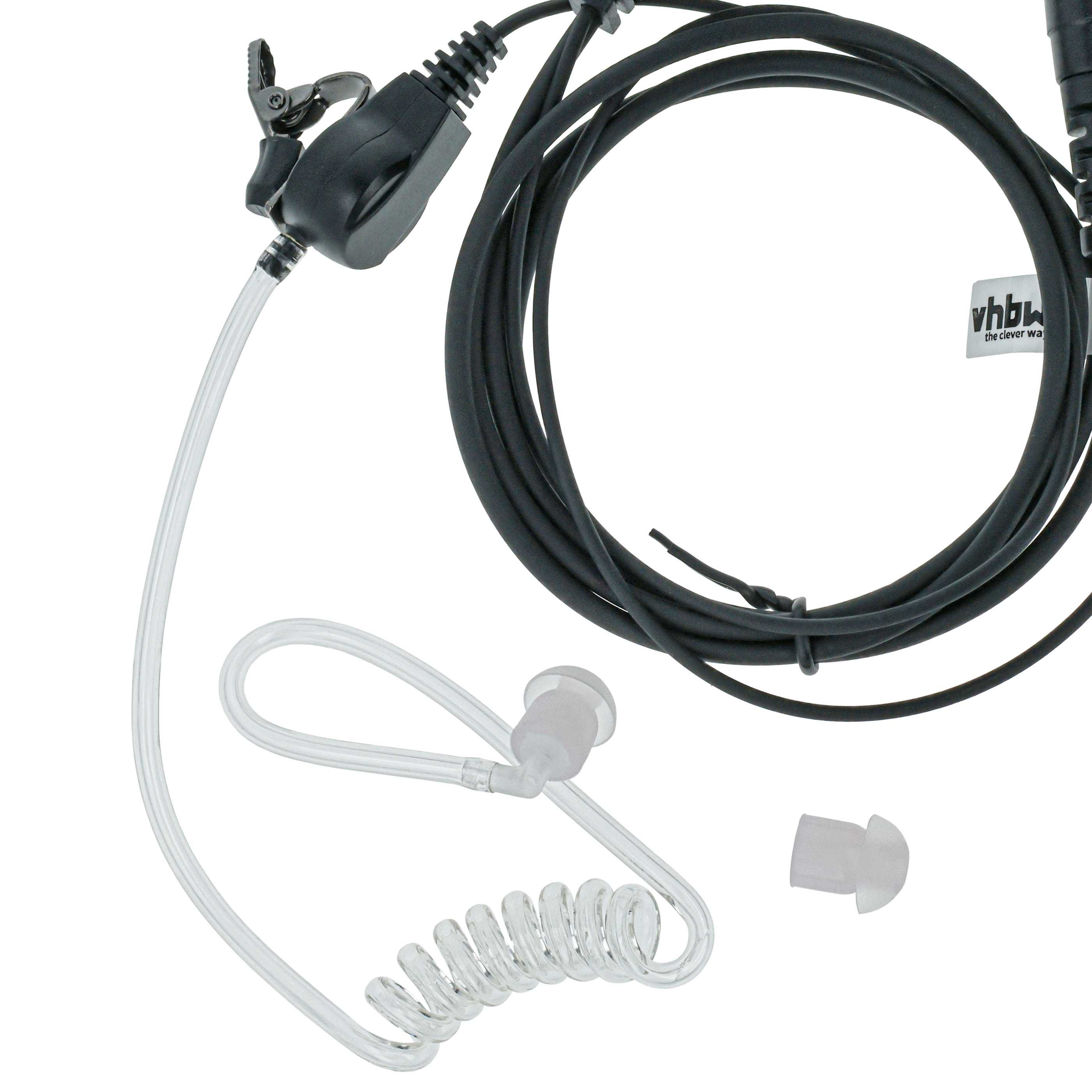 Ein schwarzes Headset mit durchsichtigem Schlauch und Ohrstöpsel.