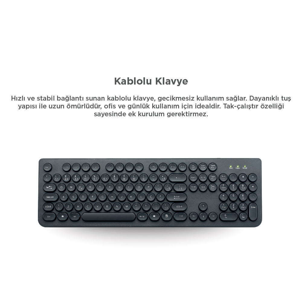 Yuvarlak tuşlu siyah bir klavye beyaz zeminde gösteriliyor.