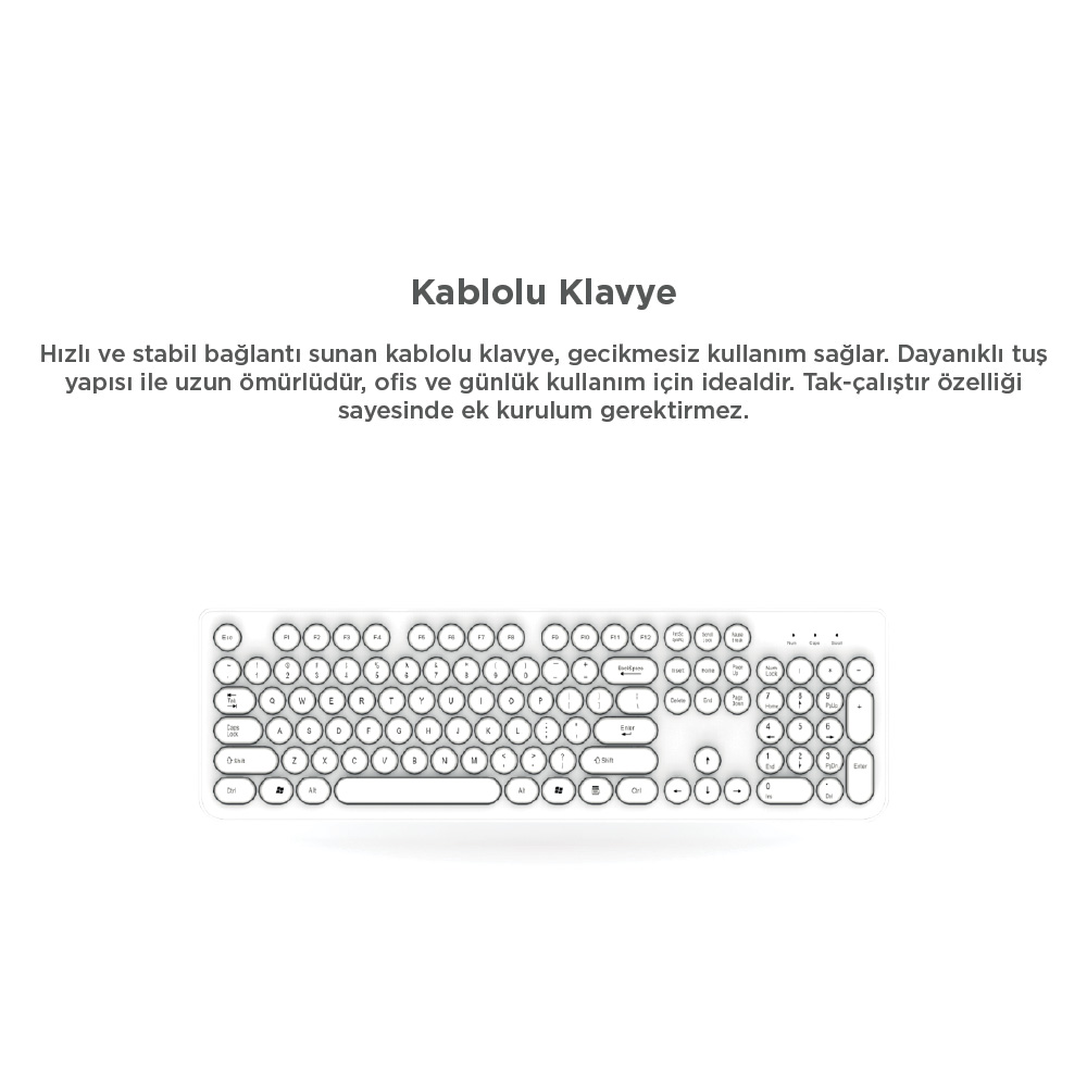 Beyaz arka plan üzerinde yuvarlak tuşlara sahip beyaz klavye.