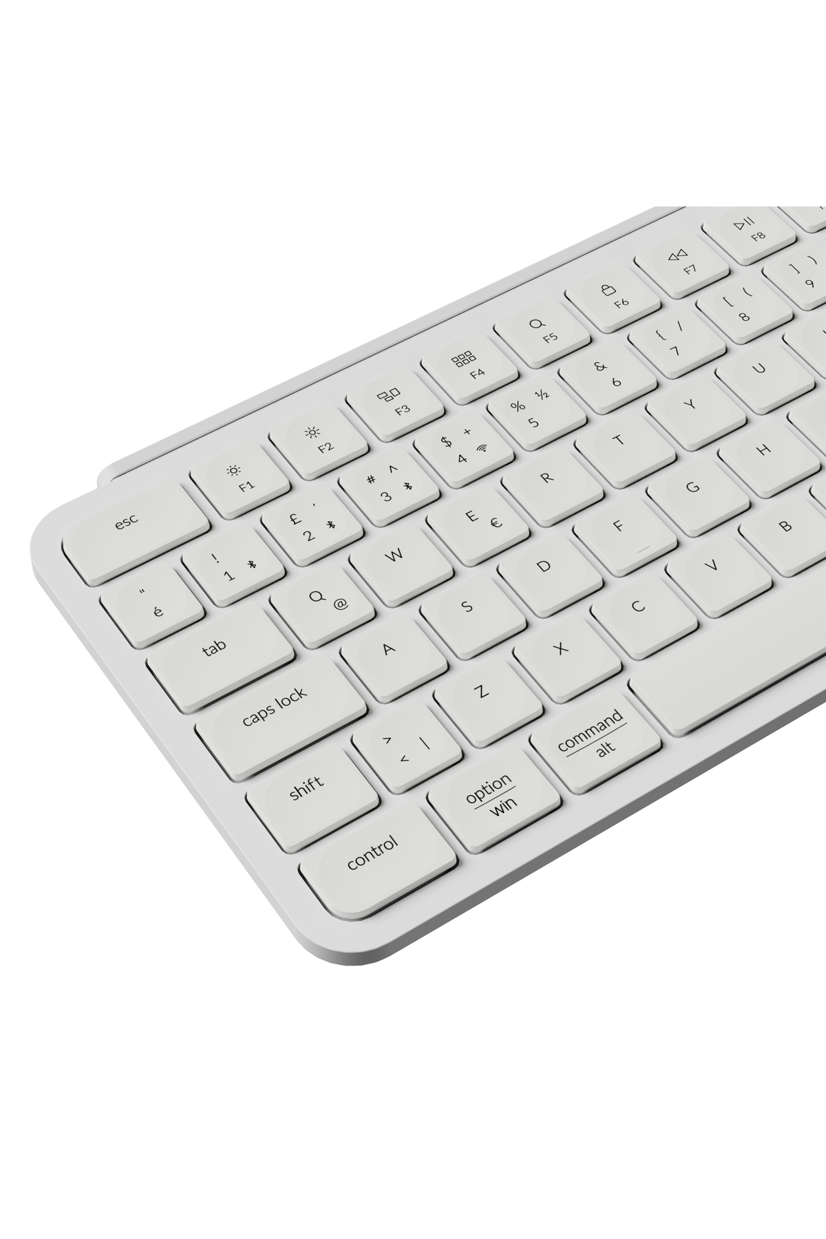Esc, Tab, Caps Lock, Shift, Control tuşları görünen beyaz klavyenin yakın çekimi.