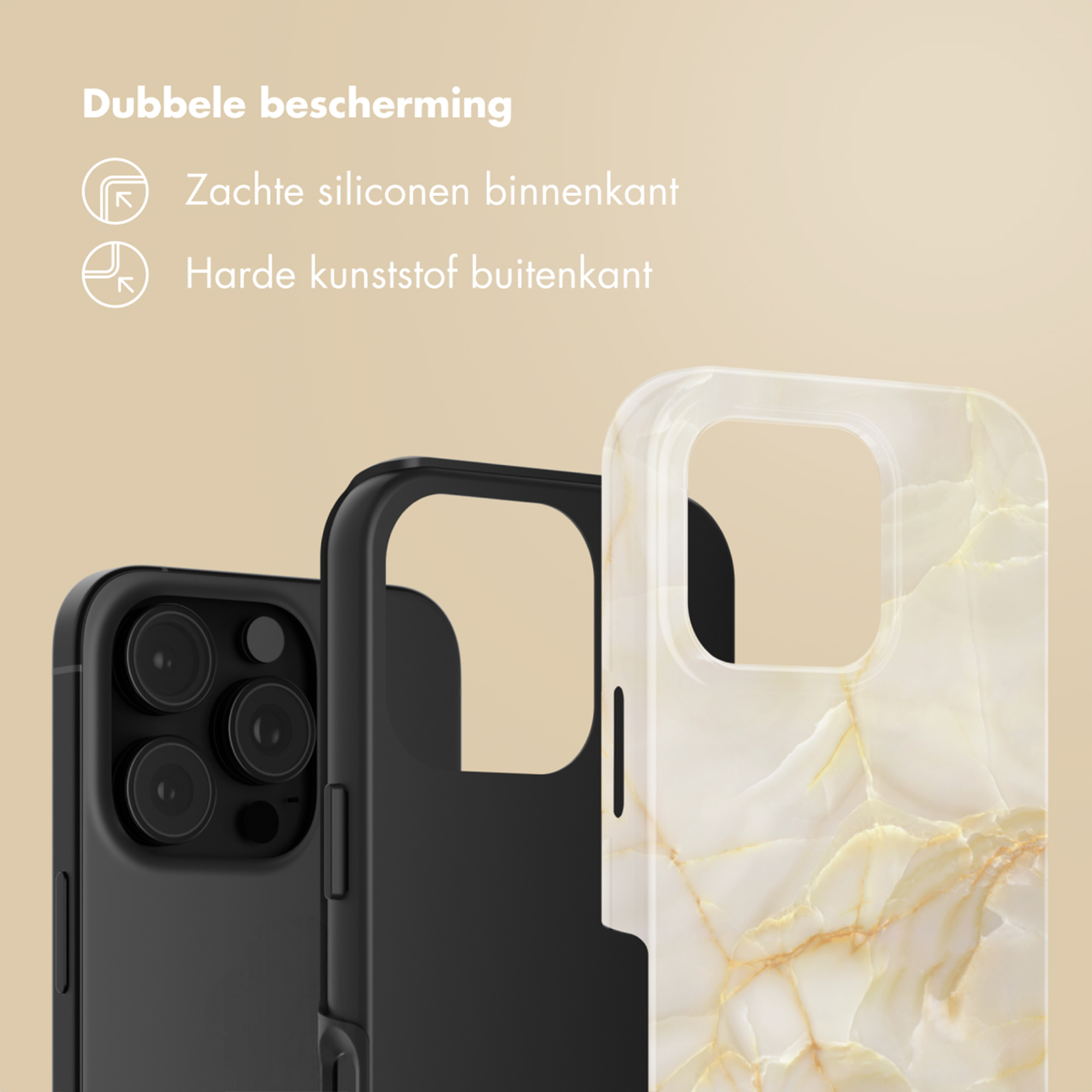 Drie telefoonhoesjes: één zwarte met camera's, twee met marmerpatroon.