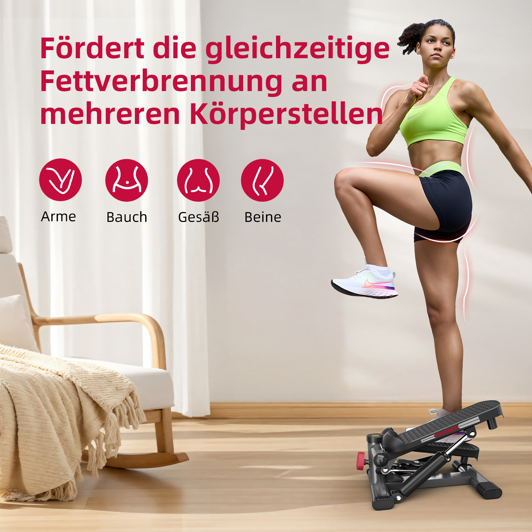 Frau trainiert auf Stepper; Text nennt Körperzonen für Fettverbrennung.