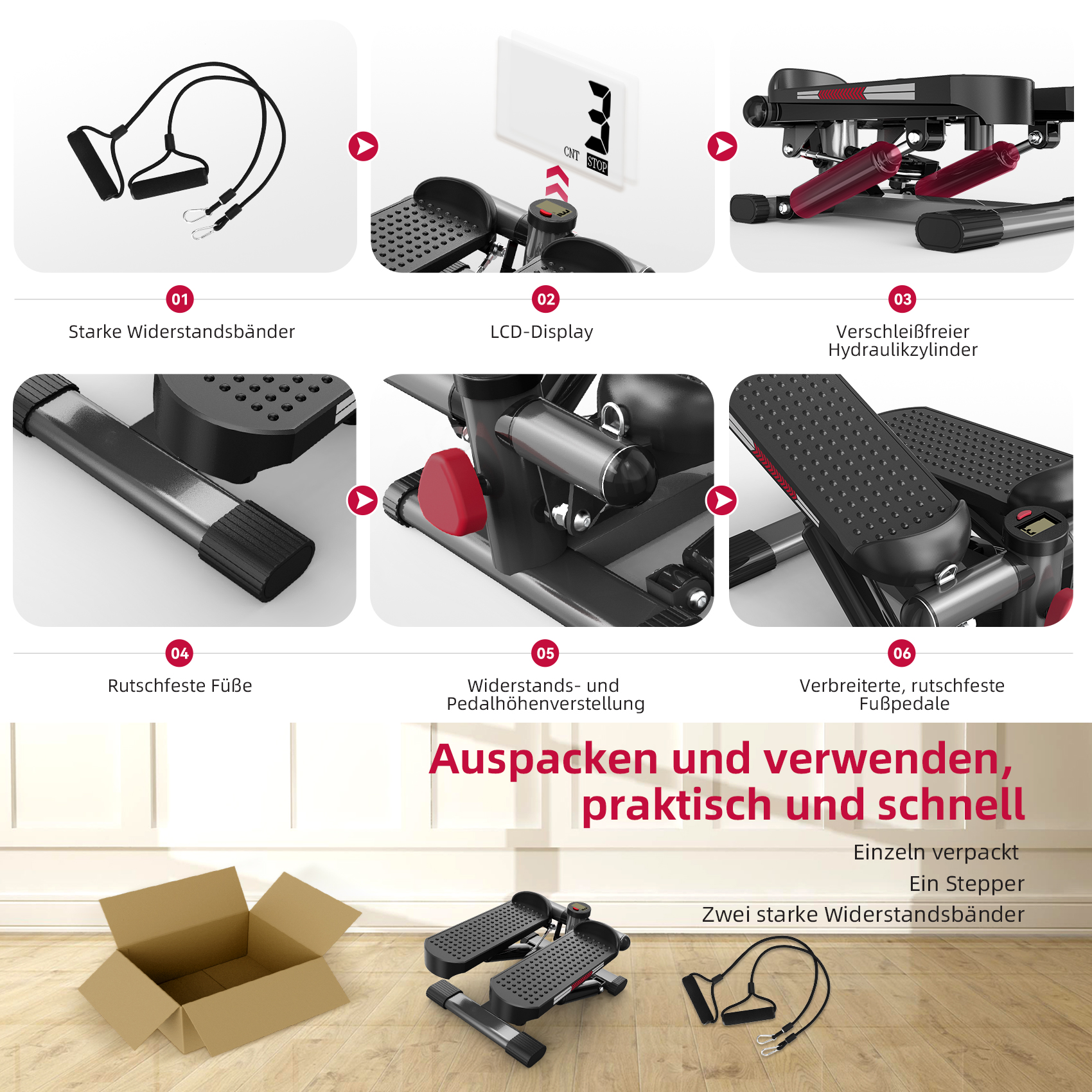 Ein Stepper mit Widerstandsbändern, LCD-Display und rutschfesten Pedalen.