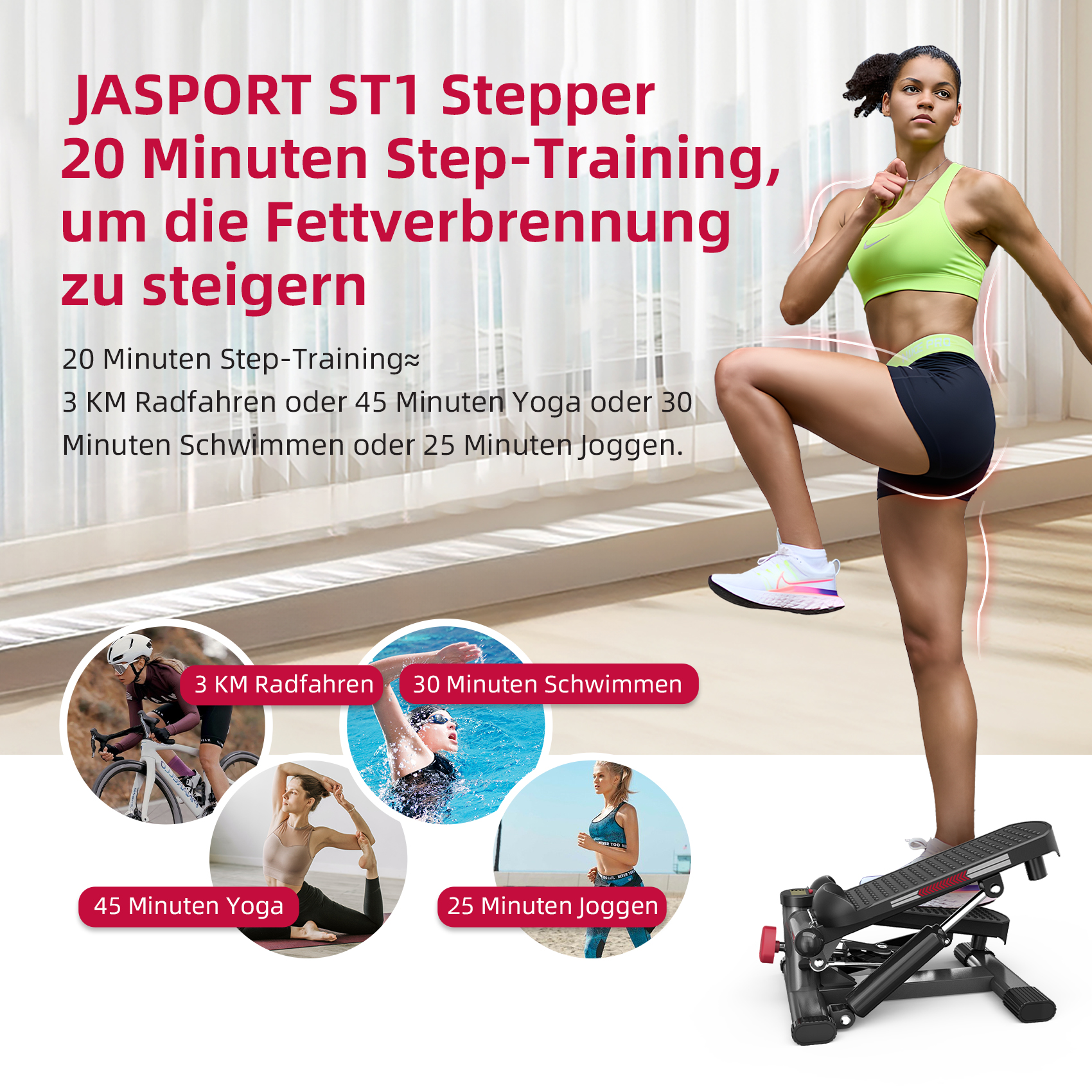 Frau trainiert auf einem Stepper; daneben kleine Bilder: Radfahren, Yoga, Schwimmen, Joggen.