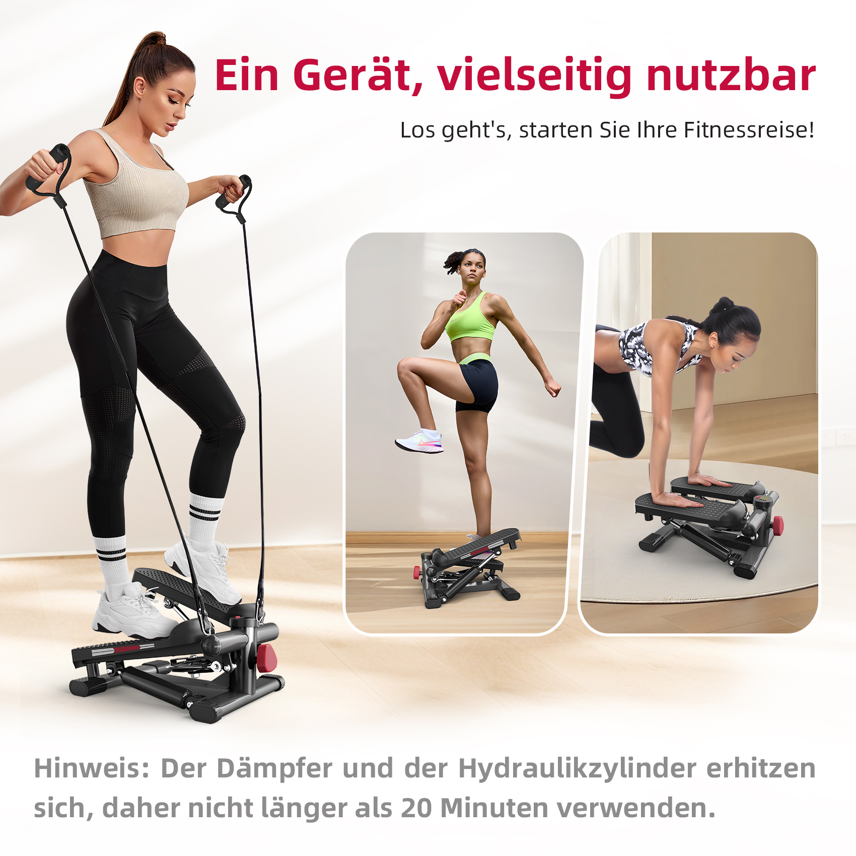 Frau macht Stepper-Übungen mit Widerstandsbändern, zwei weitere Frauen auf Steppern.
