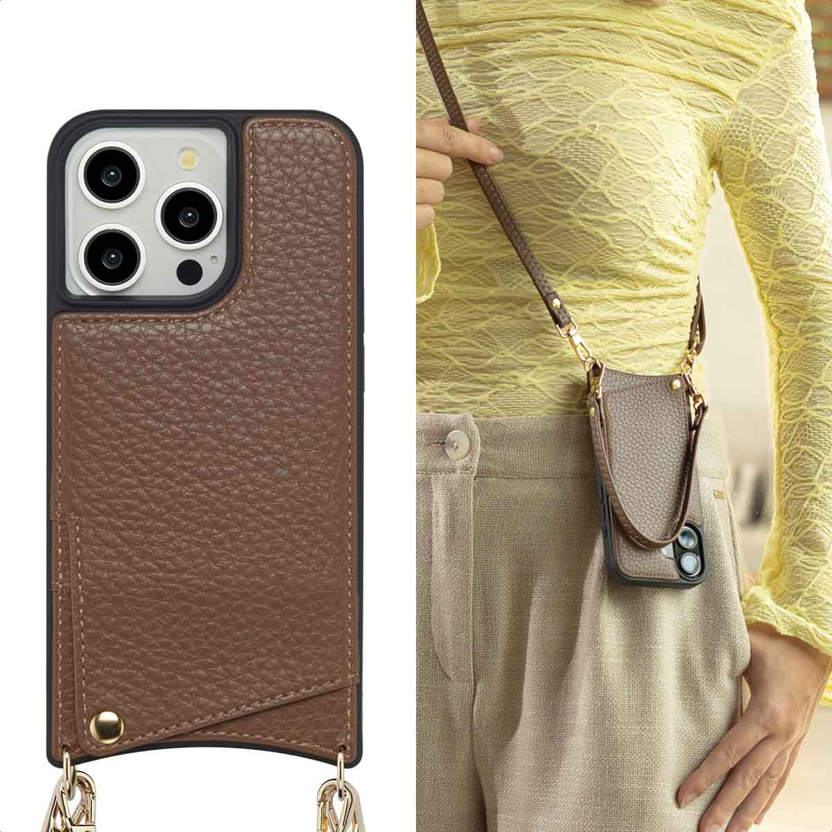 Bruine lederen telefoonhoes met riem, getoond aan een persoon met gele top en beige broek.