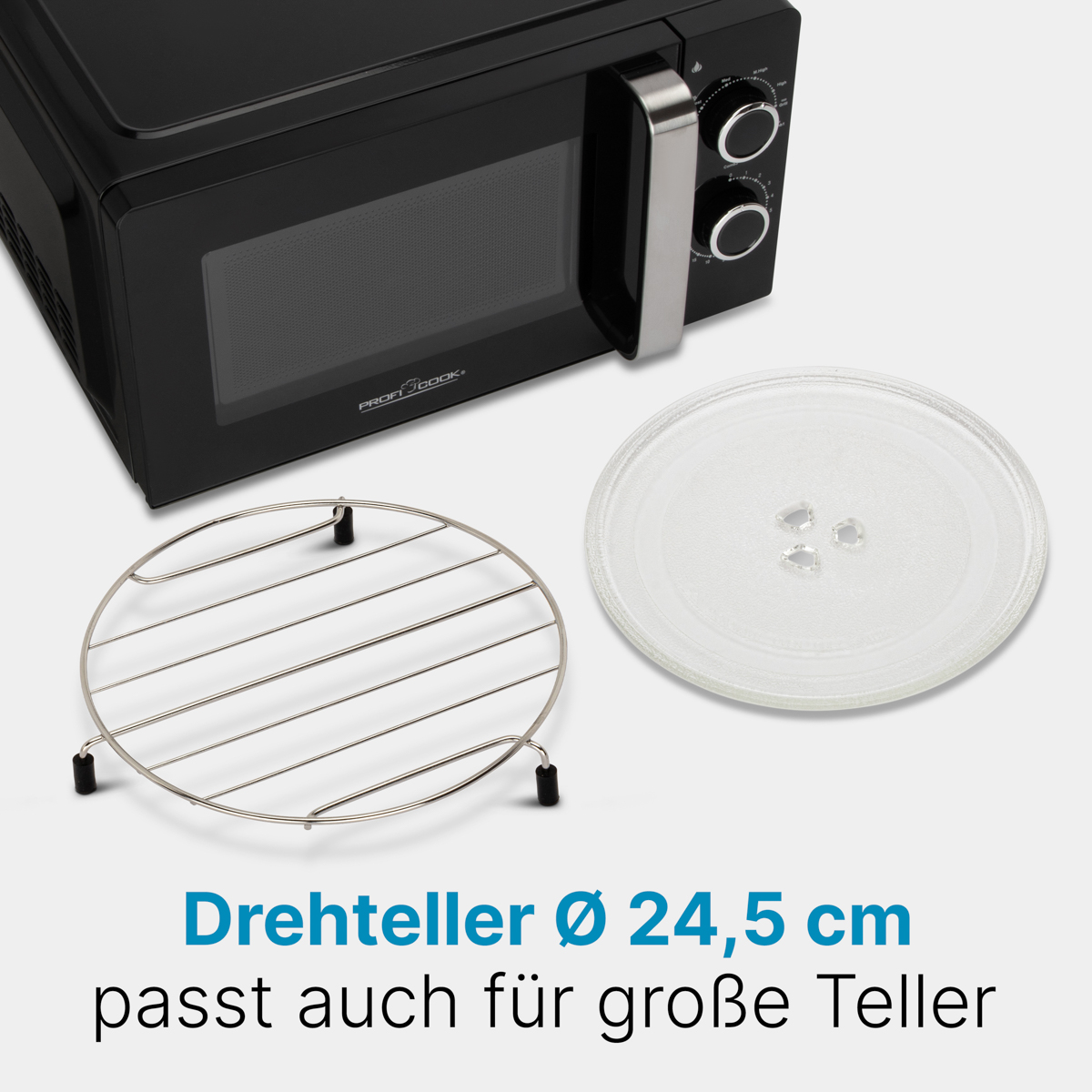Schwarze Mikrowelle mit Grillrost und Glasdrehteller.
