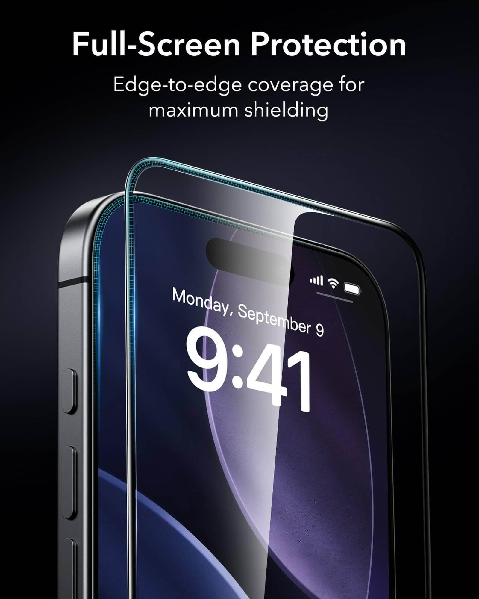 Una protezione schermo in vetro copre un display smartphone alle 9:41.