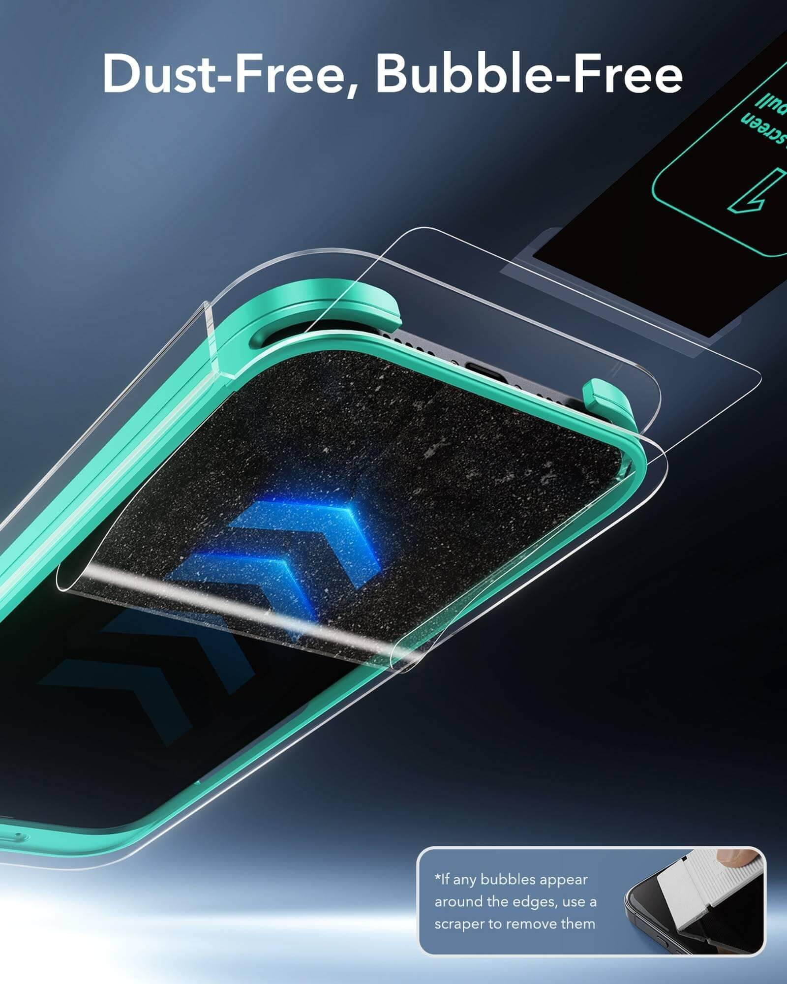 Una protezione per lo schermo viene applicata a uno smartphone con custodia turchese.