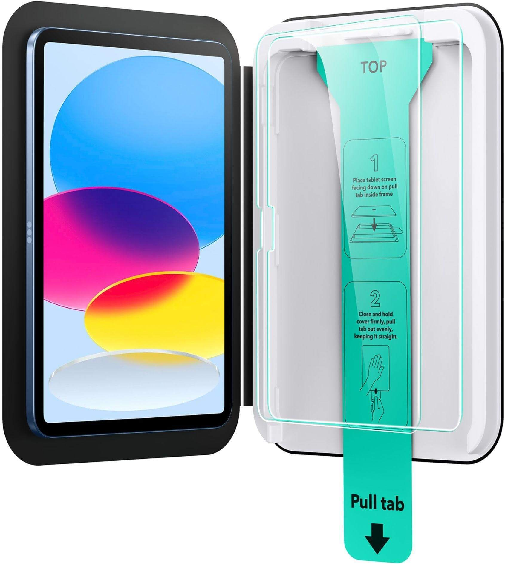 Tablet con guida all'installazione della protezione schermo. Indicato 'TOP'.
