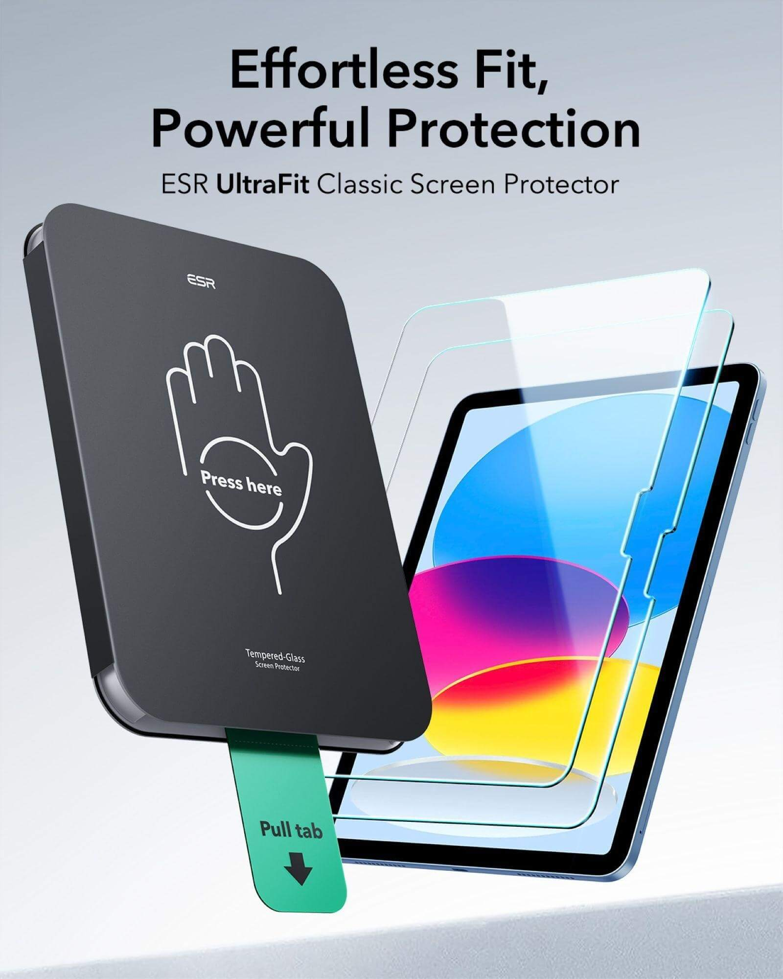 Strumento di installazione per proteggi schermo ESR con tablet e proteggi schermo.