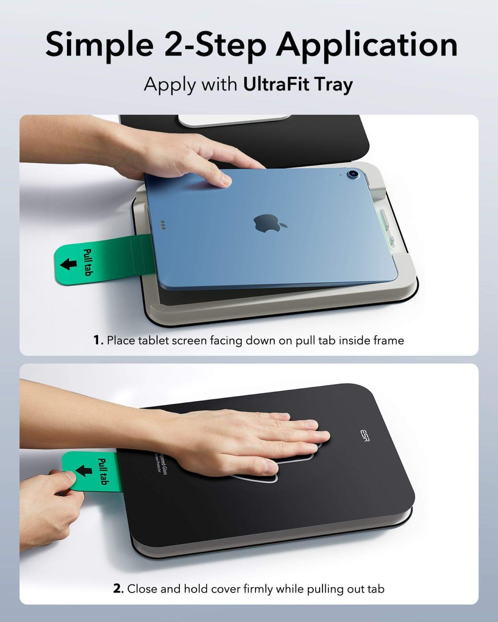 Passo 1: Posizionare tablet blu nel telaio. Passo 2: Chiudere coperchio e tirare linguetta.