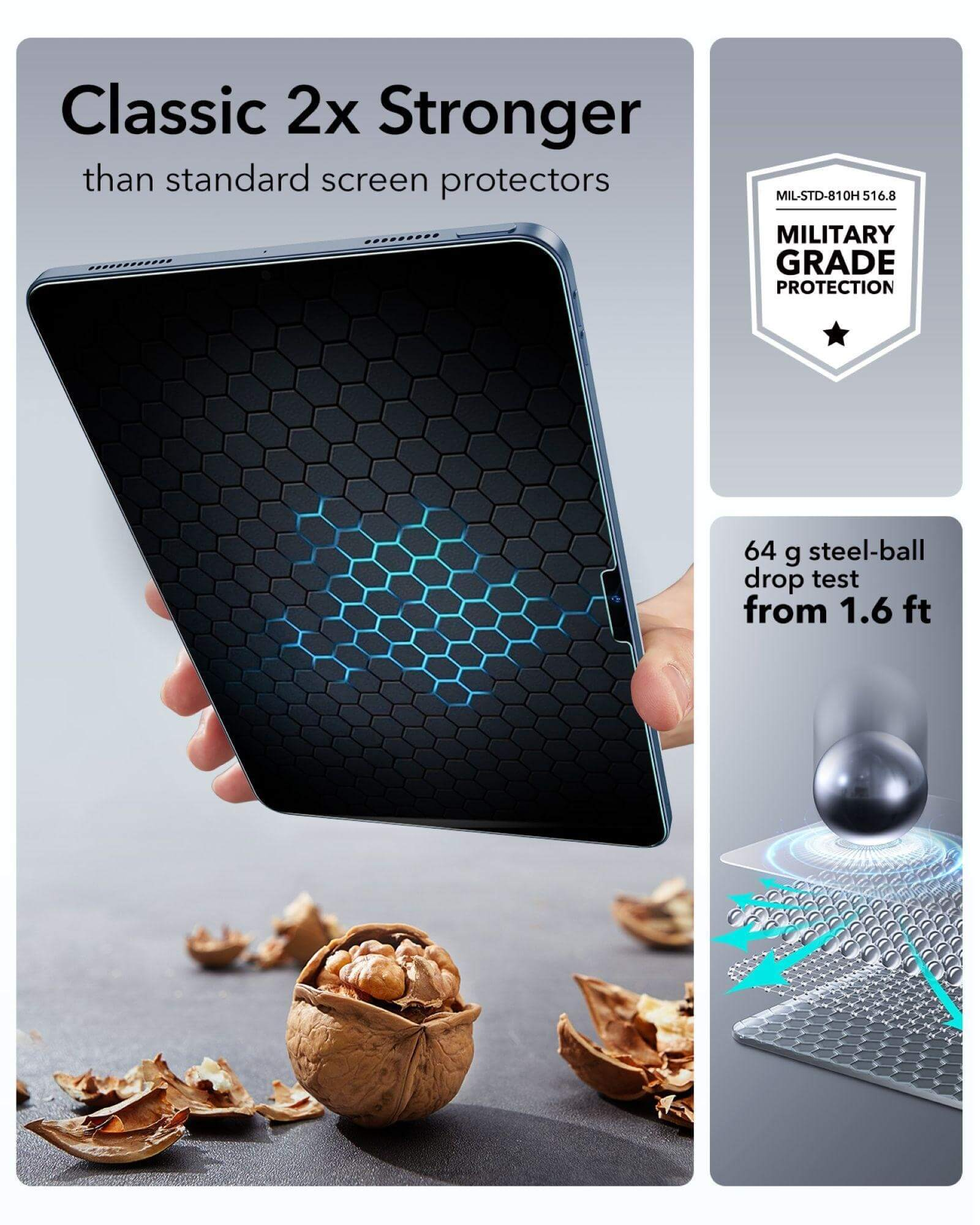 Una mano tiene un tablet con proteggi schermo a motivo esagonale. Noci e gusci su un tavolo.