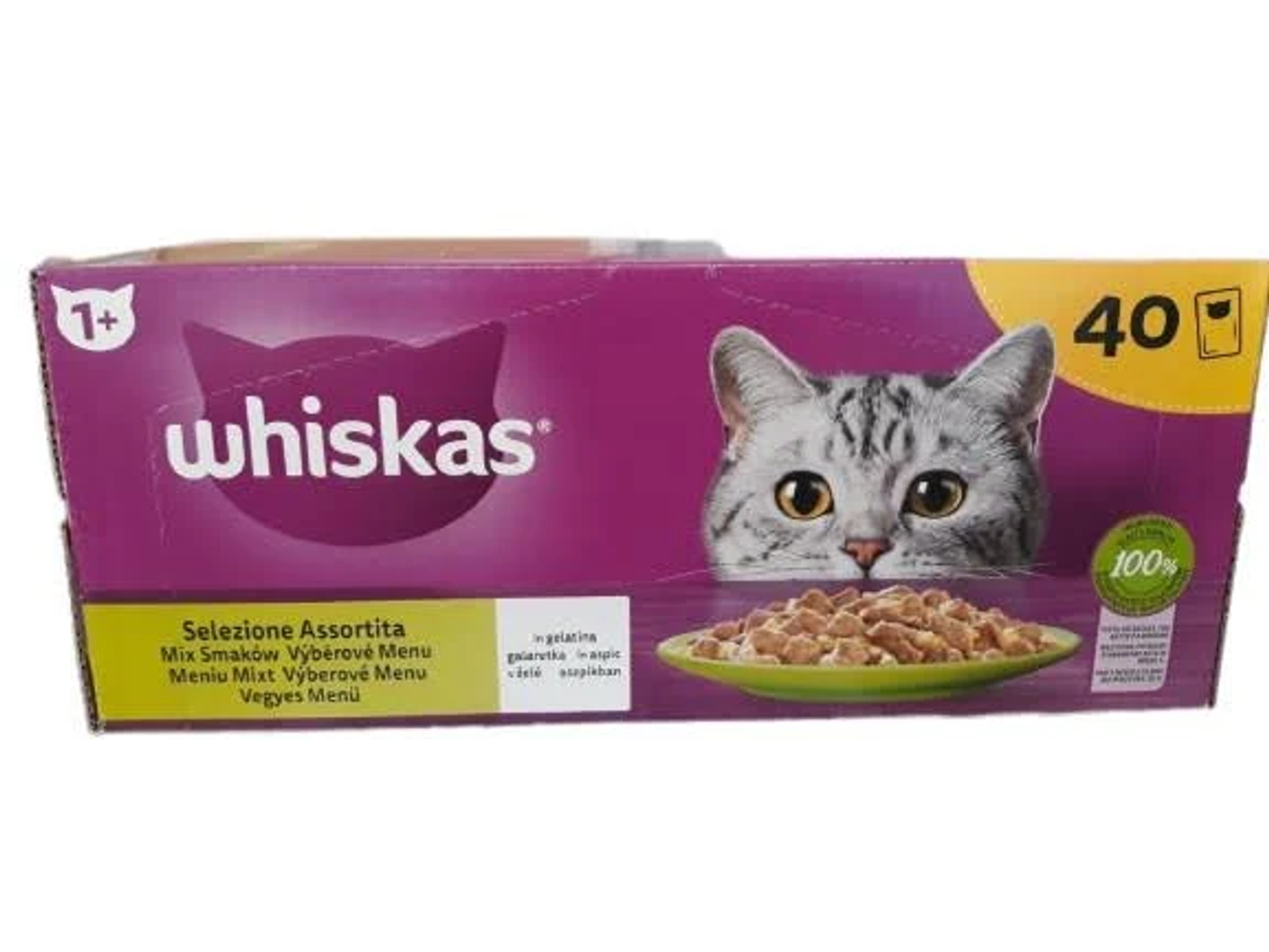 Pudełko karmy dla kotów Whiskas z twarzą kota i miską jedzenia.