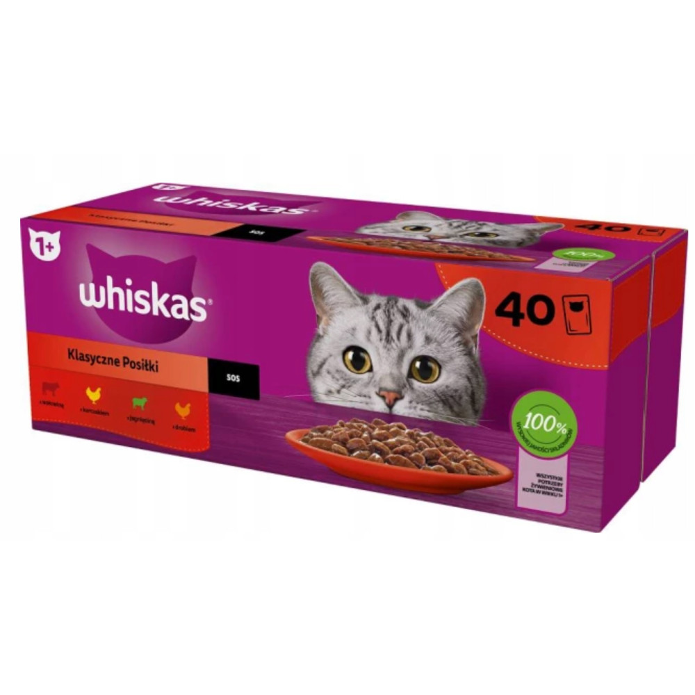 Pudełko karmy Whiskas z srebrnym pręgowanym kotem i czerwoną miską karmy.