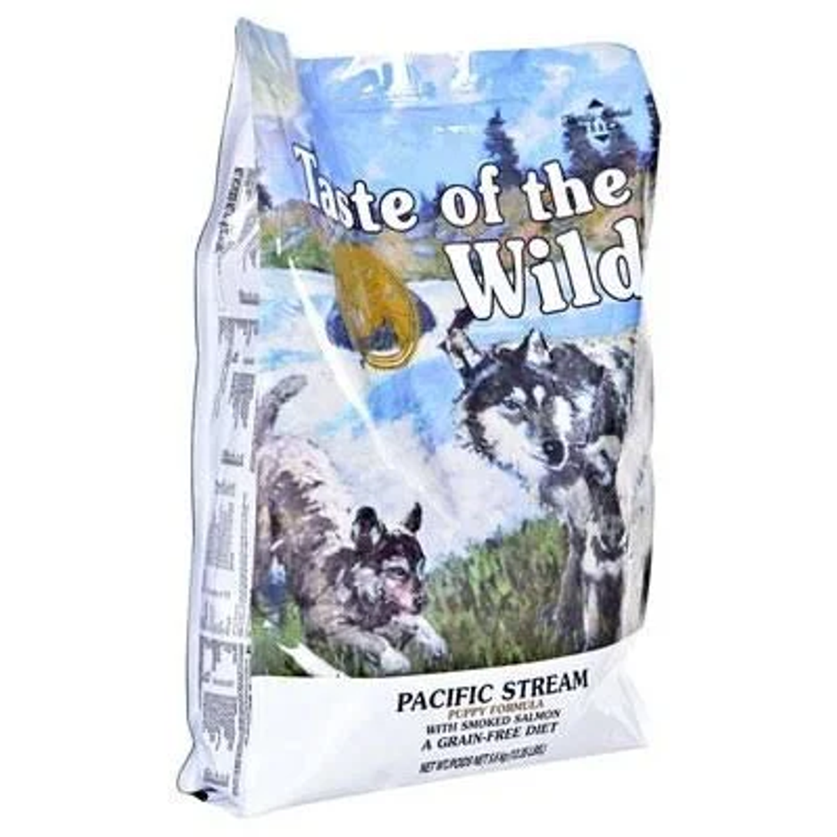 Torba karmy dla psów Taste of the Wild z ilustracją wilków i łososia.