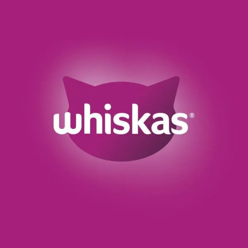 Logo Whiskas: Biały napis na fioletowym zarysie kociej głowy.