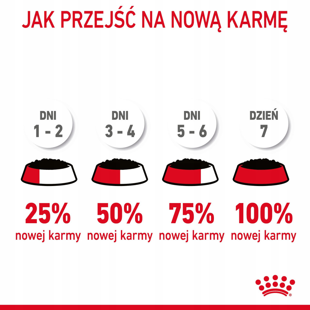Jak przejść na nową karmę: 25%, 50%, 75%, 100% nowej karmy.